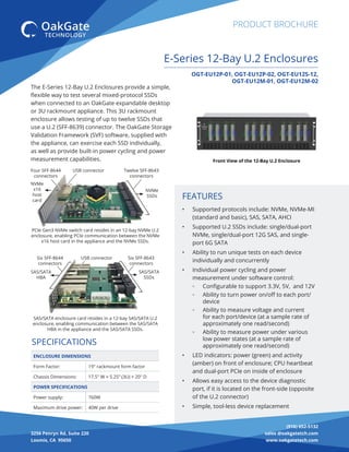 (916) 652-5132
sales @oakgatetch.com
www.oakgatetech.com
3256 Penryn Rd, Suite 220
Loomis, CA 95650
PRODUCT BROCHURE
The E-Series 12-Bay U.2 Enclosures provide a simple,
ﬂexible way to test several mixed-protocol SSDs
when connected to an OakGate expandable desktop
or 3U rackmount appliance. This 3U rackmount
enclosure allows testing of up to twelve SSDs that
use a U.2 (SFF-8639) connector. The OakGate Storage
Validation Framework (SVF) software, supplied with
the appliance, can exercise each SSD individually,
as well as provide built-in power cycling and power
measurement capabilities.
OGT-EU12P-01, OGT-EU12P-02, OGT-EU12S-12,
OGT-EU12M-01, OGT-EU12M-02
E-Series 12-Bay U.2 Enclosures
Front View of the 12-Bay U.2 Enclosure
FEATURES
• Supported protocols include: NVMe, NVMe-MI
(standard and basic), SAS, SATA, AHCI
• Supported U.2 SSDs include: single/dual-port
NVMe, single/dual-port 12G SAS, and single-
port 6G SATA
• Ability to run unique tests on each device
individually and concurrently
• Individual power cycling and power
measurement under software control:
◦ Conﬁgurable to support 3.3V, 5V, and 12V
◦ Ability to turn power on/oﬀ to each port/
device
◦ Ability to measure voltage and current
for each port/device (at a sample rate of
approximately one read/second)
◦ Ability to measure power under various
low power states (at a sample rate of
approximately one read/second)
• LED indicators: power (green) and activity
(amber) on front of enclosure; CPU heartbeat
and dual-port PCIe on inside of enclosure
• Allows easy access to the device diagnostic
port, if it is located on the front-side (opposite
of the U.2 connector)
• Simple, tool-less device replacement
PCIe Gen3 NVMe switch card resides in an 12-bay NVMe U.2
enclosure, enabling PCIe communication between the NVMe
x16 host card in the appliance and the NVMe SSDs.
ENCLOSURE DIMENSIONS
Form Factor: 19" rackmount form factor
Chassis Dimensions: 17.5" W × 5.25” (3U) × 20" D
POWER SPECIFICATIONS
Power supply: 760W
Maximum drive power: 40W per drive
Four SFF-8644
connectors
USB connector
USB connector
NVMe
SSDs
NVMe
x16
host
card
SAS/SATA
HBA
Twelve SFF-8643
connectors
SPECIFICATIONS
SAS/SATA enclosure card resides in a 12-bay SAS/SATA U.2
enclosure, enabling communication between the SAS/SATA
HBA in the appliance and the SAS/SATA SSDs.
SAS/SATA
SSDs
Six SFF-8644
connectors
Six SFF-8643
connectors
 