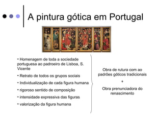 A pintura gótica em Portugal



• Homenagem de toda a sociedade
portuguesa ao padroeiro de Lisboa, S.
Vicente                                      Obra de rutura com ao
• Retrato de todos os grupos sociais       padrões góticos tradicionais

• Individualização de cada figura humana                +

• rigoroso sentido de composição             Obra prenunciadora do
                                                 renascimento
• intensidade expressiva das figuras
• valorização da figura humana
 