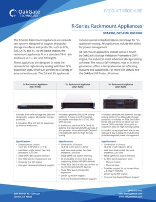 (916) 652-5132
sales @oakgatetch.com
www.oakgatetech.com
3256 Penryn Rd, Suite 220
Loomis, CA 95650
PRODUCT BROCHURE
The R-Series Rackmount Appliances are versatile
test systems designed to support all popular
storage interfaces and protocols, such as PCIe,
SAS, SATA, and FC. As the name implies, the
rackmount appliances ﬁt in a standard 19-in rack
enclosure at 1U, 2U, and 3U heights.
These appliances are designed to meet the
demands for high-density scaling with their PCIe
expansion slots, which can connect to a variety of
external enclosures. The 2U and 3U appliances
OGT-R100, OGT-R200, OGT-R300
R-Series Rackmount Appliances
include several embedded device slots/bays for "in-
appliance" testing. All applicances include the ability
for power management.
All rackmount appliances include and are driven
by OakGate’s Storage Validation Framework (SVF)
engine, the industry’s most advanced storage-testing
software. The robust SVF software, now in its third
generation, oﬀers a comprehensive set of testing
features and capabilities. For more SVF details, see
the OakGate SVF Product Brochure.
1U Rackmount Appliance
(OGT-R100)
2U Rackmount Appliance
(OGT-R200)
3U Rackmount Appliance
(OGT-R300)
Provides a versatile storage test platform
designed to support all popular storage
protocols.
It includes a PCIe x16 slot for expansion
to external enclosures.
Provides a powerful SAS/SATA testing
platform. It features 24 front-panel-
accessible drive bays for 2.5" 6G SAS/
SATA devices.
In addition to the three PCIe Gen3 x8
slots for the internal SAS/SATA devices, it
also provides three additional PCIe Gen3
x16 expansion slots for high-density
scaling.
Provides a versatile and powerful storage
testing platform for all popular storage
protocols. It includes six PCIe Gen3 slots
(three x16 and three x8) which can test
several DUTs internally or be used as
expansion slots for high-density scaling.
It can also be equipped with one or two
optional 4-bay U.2 plug-in modules that
provide integrated power management.
Speciﬁcations
• Dimensions of chassis:
16.9" W × 1.75" (1U) H × 17" D
• Intel Xeon single-socket, hex-core
processor, 3.50 GHz
• 24GB DDR4 ECC system memory
• One PCIe Gen3 x16 expansion slot
• Driven by the SVF engine
• One-year hardware/software support
Speciﬁcations
• Dimensions of chassis:
16.9" W × 3.5" (2U) H × 26" D
• Intel Xeon dual-socket, hex-core
processor, 3.50 GHz
• 24GB DDR4 ECC system memory
• 24 embedded 2.5-inch drive bays
supporting 6Gbps SAS/SATA devices
• Three PCIe Gen3 x8 slots to connect up
to 24 internal SAS/SATA devices
• Three PCIe Gen3 x16 slots for
expansion
• Driven by the SVF engine
• One-year hardware/software support
Speciﬁcations
• Dimensions of chassis:
16.9" W × 5.25" (3U) H × 26" D
• Intel Xeon dual-socket, hex-core
processor, 3.50 GHz
• 48GB DDR4 ECC system memory
• Six PCIe Gen3 expansion slots:
◦ Three x16 slots
◦ Three x8 slots
• Provides support for up to two 4-bay
U.2 plug-in modules
• Driven by the SVF engine
• One-year hardware/software support
 