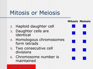 Mitosis or Meiosis
                              Mitosis Meiosis

2.   Haploid daughter cell
3.   Daughter cells are
     identical
4.   Homologous chromosomes
     form tetrads
5.   Two consecutive cell
     divisions
6.   Chromosome number is
     maintained
Next Question
 
