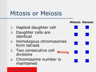 Mitosis or Meiosis
                                  Mitosis Meiosis

2.   Haploid daughter cell
3.   Daughter cells are
     identical
4.   Homologous chromosomes
     form tetrads
5.   Two consecutive cell Wrong
     divisions
6.   Chromosome number is
     maintained
Next Question
 