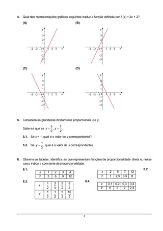 2
4. Qual das representações gráficas seguintes traduz a função definida por f (x) = 2x + 2?
(A) (B)
(C) (D)
5. Considera as grandezas diretamente proporcionais x e y.
Sabe-se que se
3 7
,
2 2
x y  .
5.1. Se x = 1, qual é o valor de y correspondente?
5.2. Se 
1
3
y , qual é o valor de x correspondente)
6. Observa as tabelas. Identifica as que representam funções de proporcionalidade direta e, nesse
caso, indica a constante de proporcionalidade.
6.1. 6.2.
6.3. 6.4.
x 1 2 3 4
y 3 6 9 12
x 2 5 7 12
y 1 2,5 3,5 8
x
1
2
3
4
5
2
8
3
y 1
3
1
2
5
3
16
9
x 0,1 0,2 0,3 0,4
y 6 3 2 2,4
 