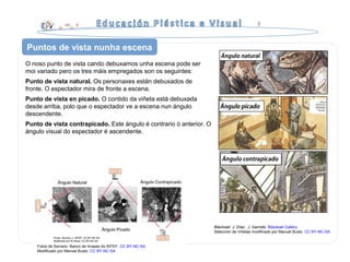 Puntos de vista nunha escena
Blacksad. J. Díaz.. J. Garnido. Blacksad Gallery .
Selección de Viñetas modificado por Manuel Busto. CC BY-NC-SA
O noso punto de vista cando debuxamos unha escena pode ser
moi variado pero os tres máis empregados son os seguintes:
Punto de vista natural. Os personaxes están debuxados de
fronte. O espectador mira de fronte a escena.
Punto de vista en picado. O contido da viñeta está debuxada
desde arriba, polo que o espectador ve a escena nun ángulo
descendente.
Punto de vista contrapicado. Este ángulo é contrario ó anterior. O
ángulo visual do espectador é ascendente.
Fotos de Serrano. Banco de Imaxes do INTEF. CC BY-NC-SA
Modificado por Manuel Busto. CC BY-NC-SA
 