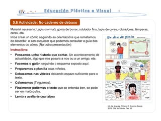 Imos crear un cómic seguindo as orientacións que rematamos
de describir, e sen esquecer que podemos consultar a guía dos
elementos do cómic (Na outra presentación)
Instrucións:
• Pensamos unha historia que contar. Un acontecemento de
actualidade, algo que nos pasara a nos ou a un amigo, eta.
• Facemos o guión seguindo o esquema exposto aquí.
• Preparamos a planilla coas viñetas.
• Debuxamos nas viñetas deixando espazo suficiente para o
texto.
• Coloreamos (Tinguimos).
• Finalmente poñemos o texto que se entenda ben, se pode
ser en maiúsculas.
• Lembra avaliarte coa taboa
5.6 Actividade: No caderno de debuxo
Material necesario: Lapis (normal), goma de borrar, rotulador fino, lapis de cores, rotuladores, témperas,
ceras, eta.
Un día de praia. Piñeiro, D. Enormic Banda
2010. ENL do Salnés. Pax. 26
 