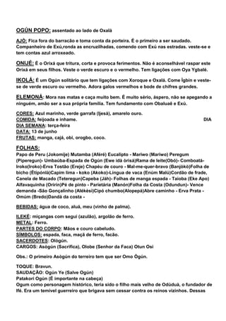 OGÚN POPO: assentado ao lado de Oxalá
AJÒ: Fica fora do barracão e toma conta da porteira. É o primeiro a ser saudado.
Companheiro de Exú,ronda as encruzilhadas, comendo com Exú nas estradas. veste-se e
tem contas azul arroxeado.
ONIJÉ: É o Orixá que tritura, corta e provoca ferimentos. Não é aconselhável raspar este
Orixá em seus filhos. Veste o verde escuro e o vermelho. Tem ligações com Oya Ygbalé.
IKOLÁ: É um Ogún solitário que tem ligações com Xoroque e Oxalá. Come Ìgbín e veste-
se de verde escuro ou vermelho. Adora galos vermelhos e bode de chifres grandes.
ELEMONÁ: Mora nas matas e caça muito bem. É muito sério, áspero, não se apegando a
ninguém, amão ser a sua própria família. Tem fundamento com Obaluaê e Exú.
CORES: Azul marinho, verde garrafa (Ijesá), amarelo ouro.
COMIDA: feijoada e inhame. DIA
DIA SEMANA: terça-feira
DATA: 13 de junho
FRUTAS: manga, cajá, obi, orogbo, coco.
FOLHAS:
Papo de Peru (Jokomije) Mutamba (Aféré) Eucalipto - Mariwo (Mariwo) Peregum
(Piperegun)- Umbaúba-Espada de Ogún (Ewe idà òrisá)Rama de leite(Obó)- Comboatá-
Iroko(Iroko)-Erva Tostão (Ereje) Chapéu de couro - Mal-me-quer-bravo (Banjòkò)Folha de
bicho (Étípónlà)Capim lima - koko (Akoko)-Língua de vaca (Enúm Malú)Cordão de frade,
Canela de Macado (Teteregun)Capeba (Jàh)- Folhas de manga espada - Taioba (Eke Apo)
Alfavaquinha (Orirín)Pé de pinto - Parietária (Manón)Folha da Costa (Odundun)- Vence
demanda -São Gonçalinho (Alékèsì)Cipó chumbo(Alopepá)Abre caminho - Erva Prata -
Omúm (Bredo)Dandá da costa -
BEBIDAS: água de coco, aluá, meu (vinho de palma).
ILEKÉ: miçangas com segui (azulão), argolão de ferro.
METAL: Ferro.
PARTES DO CORPO: Mãos e couro cabeludo.
SÍMBOLOS: espada, faca, maçã de ferro, facão.
SACERDOTES: Ològún.
CARGOS: Asògún (Sacrifica), Olobe (Senhor da Faca) Otun Osi
Obs.: O primeiro Asògún do terreiro tem que ser Omo Ògún.
TOQUE: Bravun.
SAUDAÇÃO: Ogún Ye (Salve Ogún)
Patakori Ogún (É importante na cabeça)
Ogum como personagem histórico, teria sido o filho mais velho de Odùduà, o fundador de
Ifé. Era um temível guerreiro que brigava sem cessar contra os reinos vizinhos. Dessas
 