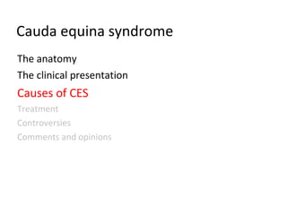 Cauda equina syndrome The anatomy The clinical presentation Causes of CES Treatment Controversies Comments and opinions 