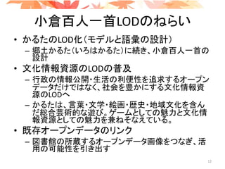 小倉百人一首LODのねらい
• かるたのLOD化（モデルと語彙の設計）
– 郷土かるた（いろはかるた）に続き、小倉百人一首の
設計
• 文化情報資源のLODの普及
– 行政の情報公開・生活の利便性を追求するオープン
データだけではなく、社会を豊かにする文化情報資
源のLODへ
– かるたは、言葉・文学・絵画・歴史・地域文化を含ん
だ総合芸術的な遊び。ゲームとしての魅力と文化情
報資源としての魅力を兼ねそなえている。
• 既存オープンデータのリンク
– 図書館の所蔵するオープンデータ画像をつなぎ、活
用の可能性を引き出す
12
 