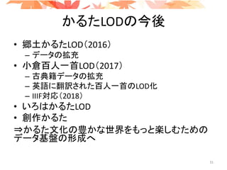 かるたLODの今後
• 郷土かるたLOD（2016）
– データの拡充
• 小倉百人一首LOD（2017）
– 古典籍データの拡充
– 英語に翻訳された百人一首のLOD化
– IIIF対応（2018）
• いろはかるたLOD
• 創作かるた
⇒かるた文化の豊かな世界をもっと楽しむための
データ基盤の形成へ
31
 