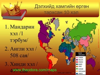 Дэлхийд хамгийн өргөн
10тархсан хэл
1. Мандарин
хэл /1
тэрбум/
2. Англи хэл /
508 сая/
3. Хинди хэл /
497 сая/www.theodora.com/maps
 