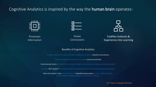 Enables machines to penetrate the complexity of data to identify associations
Presents powerful techniques to handle unstructured data
Continuously learns not only from previous insights, but also for new data entering the system
Provides NLP support to enable human to machine and machine to machine communication
Does not require rules, instead relies on hypothesis generation using multiple data sets
which might not always appear connected or relevant
Benefits of Cognitive Analytics
NLP: Natural Language Processing
Cognitive Analytics is inspired by the way the human brain operates:
Processes
Information
Draws
Conclusions
Codifies Instincts &
Experience into Learning
 