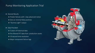 Pump Monitoring Application Trial
 Desired Results
 Predict failures with 1 day advanced notice
 Zero or minimal false positives
 “Dummy Light” output
 Data Provided
 3 years of historical data
 Pre-filtered FFT data from production assets
 10 second time resolution
 Major component failure logs
 