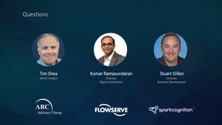 Questions
Stuart Gillen
Director,
Business Development
Kumar Ramasundaran
Director,
Digital Automation
Tim Shea
Senior Analyst
 