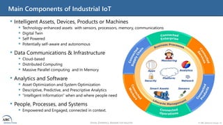 VISION, EXPERIENCE, ANSWERS FOR INDUSTRY © ARC Advisory Group • 8
Main Components of Industrial IoT
• Intelligent Assets, Devices, Products or Machines
 Technology-enhanced assets with sensors, processors, memory, communications
 Digital Twin
 Self Powered
 Potentially self-aware and autonomous
• Data Communications & Infrastructure
 Cloud-based
 Distributed Computing
 Massive Parallel computing and In Memory
• Analytics and Software
 Asset Optimization and System Optimization
 Descriptive, Predictive, and Prescriptive Analytics
 “Intelligent Information” when and where people need it
• People, Processes, and Systems
 Empowered and Engaged, connected in context.
 