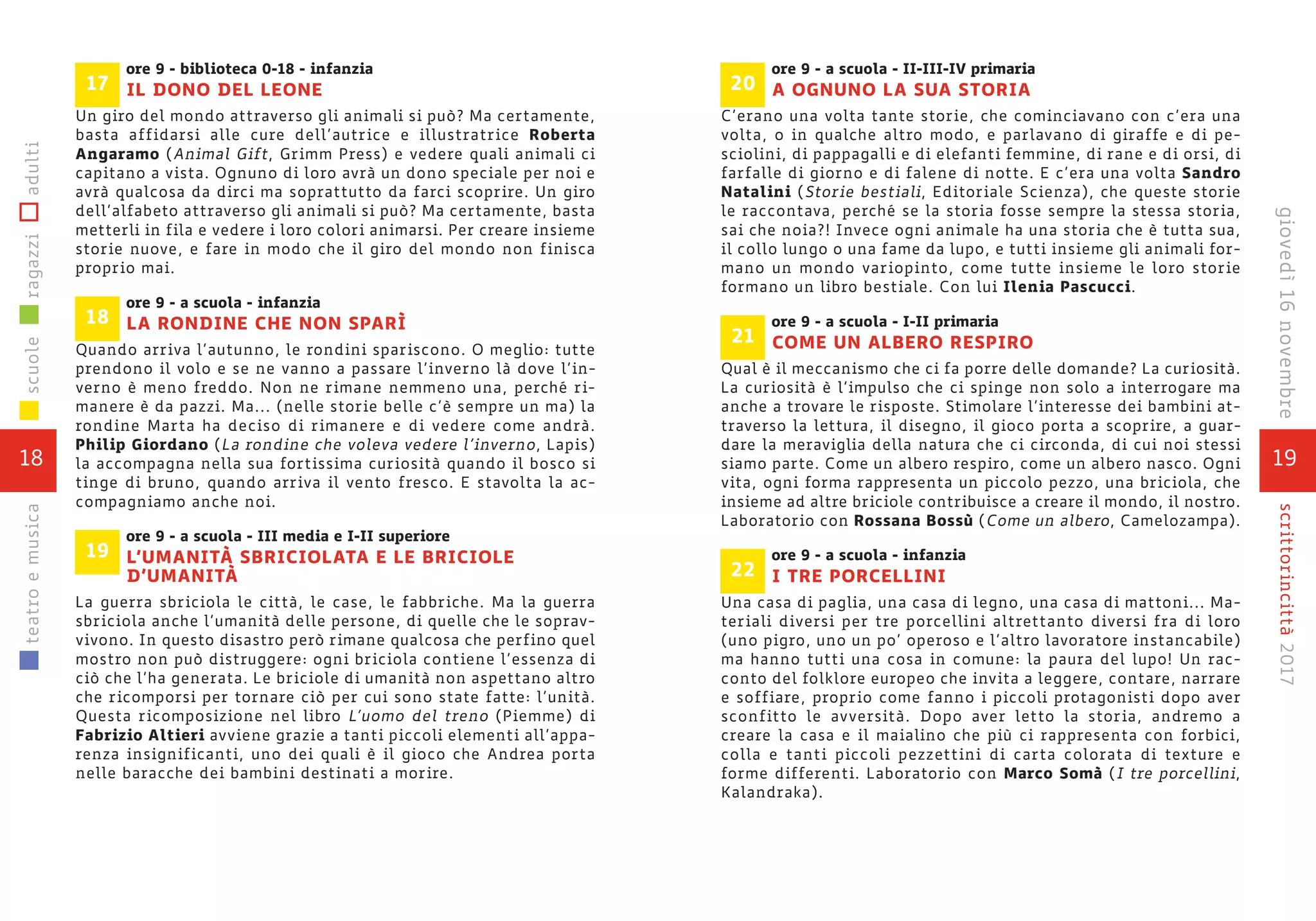 19
scrittorincittà2017giovedì16novembre
ore 9 - a scuola - II-III-IV primaria
A OGNUNO LA SUA STORIA
C’erano una volta tante storie, che cominciavano con c’era una
volta, o in qualche altro modo, e parlavano di giraffe e di pe-
sciolini, di pappagalli e di elefanti femmine, di rane e di orsi, di
farfalle di giorno e di falene di notte. E c’era una volta Sandro
Natalini (Storie bestiali, Editoriale Scienza), che queste storie
le raccontava, perché se la storia fosse sempre la stessa storia,
sai che noia?! Invece ogni animale ha una storia che è tutta sua,
il collo lungo o una fame da lupo, e tutti insieme gli animali for-
mano un mondo variopinto, come tutte insieme le loro storie
formano un libro bestiale. Con lui Ilenia Pascucci.
ore 9 - a scuola - I-II primaria
COME UN ALBERO RESPIRO
Qual è il meccanismo che ci fa porre delle domande? La curiosità.
La curiosità è l’impulso che ci spinge non solo a interrogare ma
anche a trovare le risposte. Stimolare l’interesse dei bambini at-
traverso la lettura, il disegno, il gioco porta a scoprire, a guar-
dare la meraviglia della natura che ci circonda, di cui noi stessi
siamo parte. Come un albero respiro, come un albero nasco. Ogni
vita, ogni forma rappresenta un piccolo pezzo, una briciola, che
insieme ad altre briciole contribuisce a creare il mondo, il nostro.
Laboratorio con Rossana Bossù (Come un albero, Camelozampa).
ore 9 - a scuola - infanzia
I TRE PORCELLINI
Una casa di paglia, una casa di legno, una casa di mattoni... Ma-
teriali diversi per tre porcellini altrettanto diversi fra di loro
(uno pigro, uno un po’ operoso e l’altro lavoratore instancabile)
ma hanno tutti una cosa in comune: la paura del lupo! Un rac-
conto del folklore europeo che invita a leggere, contare, narrare
e soffiare, proprio come fanno i piccoli protagonisti dopo aver
sconfitto le avversità. Dopo aver letto la storia, andremo a
creare la casa e il maialino che più ci rappresenta con forbici,
colla e tanti piccoli pezzettini di carta colorata di texture e
forme differenti. Laboratorio con Marco Somà (I tre porcellini,
Kalandraka).
22
21
20
ore 9 - biblioteca 0-18 - infanzia
IL DONO DEL LEONE
Un giro del mondo attraverso gli animali si può? Ma certamente,
basta affidarsi alle cure dell’autrice e illustratrice Roberta
Angaramo (Animal Gift, Grimm Press) e vedere quali animali ci
capitano a vista. Ognuno di loro avrà un dono speciale per noi e
avrà qualcosa da dirci ma soprattutto da farci scoprire. Un giro
dell’alfabeto attraverso gli animali si può? Ma certamente, basta
metterli in fila e vedere i loro colori animarsi. Per creare insieme
storie nuove, e fare in modo che il giro del mondo non finisca
proprio mai.
ore 9 - a scuola - infanzia
LA RONDINE CHE NON SPARÌ
Quando arriva l’autunno, le rondini spariscono. O meglio: tutte
prendono il volo e se ne vanno a passare l’inverno là dove l’in-
verno è meno freddo. Non ne rimane nemmeno una, perché ri-
manere è da pazzi. Ma... (nelle storie belle c’è sempre un ma) la
rondine Marta ha deciso di rimanere e di vedere come andrà.
Philip Giordano (La rondine che voleva vedere l’inverno, Lapis)
la accompagna nella sua fortissima curiosità quando il bosco si
tinge di bruno, quando arriva il vento fresco. E stavolta la ac-
compagniamo anche noi.
ore 9 - a scuola - III media e I-II superiore
L’UMANITÀ SBRICIOLATA E LE BRICIOLE
D’UMANITÀ
La guerra sbriciola le città, le case, le fabbriche. Ma la guerra
sbriciola anche l’umanità delle persone, di quelle che le soprav-
vivono. In questo disastro però rimane qualcosa che perfino quel
mostro non può distruggere: ogni briciola contiene l’essenza di
ciò che l’ha generata. Le briciole di umanità non aspettano altro
che ricomporsi per tornare ciò per cui sono state fatte: l’unità.
Questa ricomposizione nel libro L’uomo del treno (Piemme) di
Fabrizio Altieri avviene grazie a tanti piccoli elementi all’appa-
renza insignificanti, uno dei quali è il gioco che Andrea porta
nelle baracche dei bambini destinati a morire.
19
18
17
18
scuoleragazziadultiteatroemusica
 