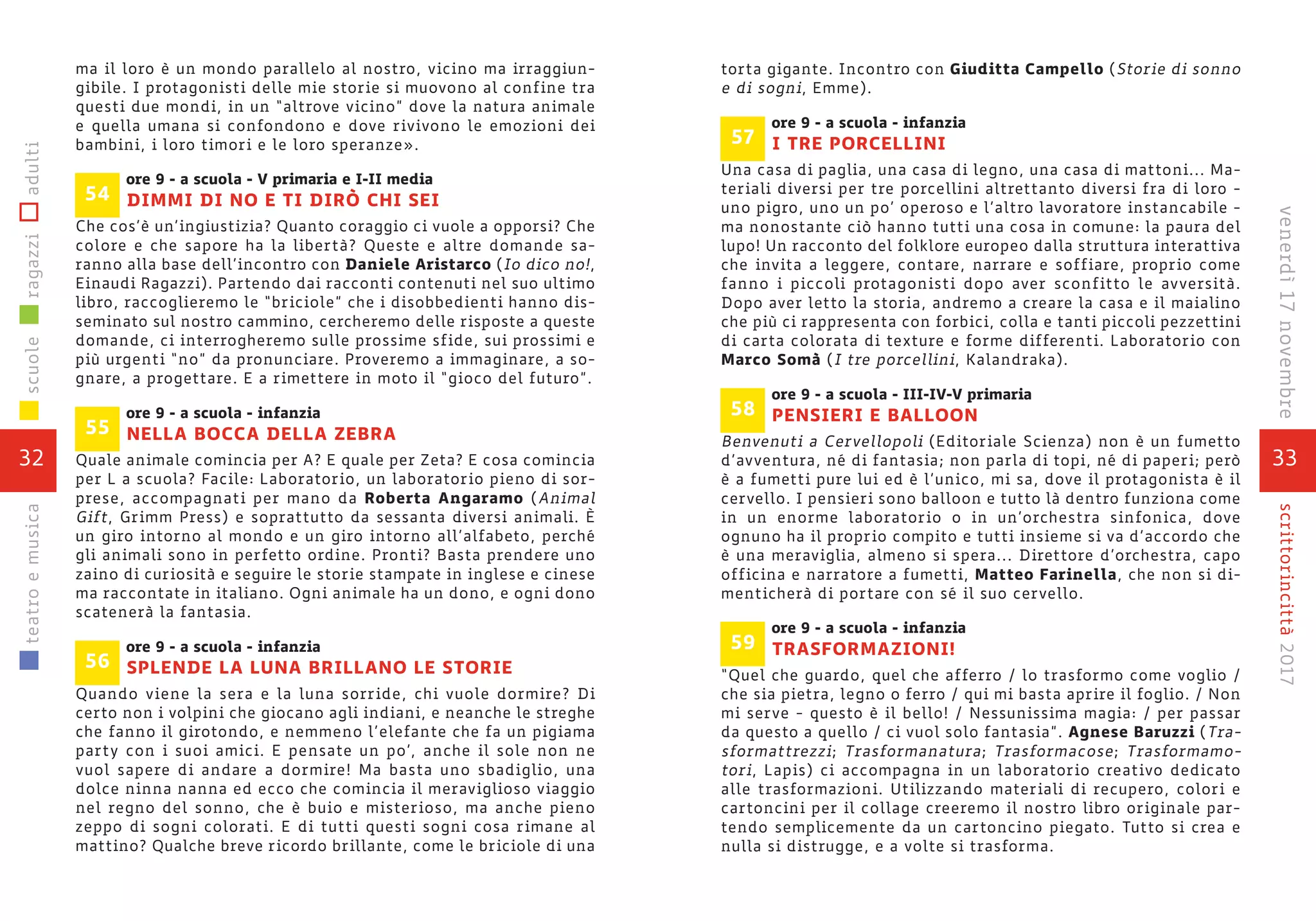 ma il loro è un mondo parallelo al nostro, vicino ma irraggiun-
gibile. I protagonisti delle mie storie si muovono al confine tra
questi due mondi, in un “altrove vicino” dove la natura animale
e quella umana si confondono e dove rivivono le emozioni dei
bambini, i loro timori e le loro speranze».
ore 9 - a scuola - V primaria e I-II media
DIMMI DI NO E TI DIRÒ CHI SEI
Che cos’è un’ingiustizia? Quanto coraggio ci vuole a opporsi? Che
colore e che sapore ha la libertà? Queste e altre domande sa-
ranno alla base dell’incontro con Daniele Aristarco (Io dico no!,
Einaudi Ragazzi). Partendo dai racconti contenuti nel suo ultimo
libro, raccoglieremo le “briciole” che i disobbedienti hanno dis-
seminato sul nostro cammino, cercheremo delle risposte a queste
domande, ci interrogheremo sulle prossime sfide, sui prossimi e
più urgenti “no” da pronunciare. Proveremo a immaginare, a so-
gnare, a progettare. E a rimettere in moto il “gioco del futuro”.
ore 9 - a scuola - infanzia
NELLA BOCCA DELLA ZEBRA
Quale animale comincia per A? E quale per Zeta? E cosa comincia
per L a scuola? Facile: Laboratorio, un laboratorio pieno di sor-
prese, accompagnati per mano da Roberta Angaramo (Animal
Gift, Grimm Press) e soprattutto da sessanta diversi animali. È
un giro intorno al mondo e un giro intorno all’alfabeto, perché
gli animali sono in perfetto ordine. Pronti? Basta prendere uno
zaino di curiosità e seguire le storie stampate in inglese e cinese
ma raccontate in italiano. Ogni animale ha un dono, e ogni dono
scatenerà la fantasia.
ore 9 - a scuola - infanzia
SPLENDE LA LUNA BRILLANO LE STORIE
Quando viene la sera e la luna sorride, chi vuole dormire? Di
certo non i volpini che giocano agli indiani, e neanche le streghe
che fanno il girotondo, e nemmeno l’elefante che fa un pigiama
party con i suoi amici. E pensate un po’, anche il sole non ne
vuol sapere di andare a dormire! Ma basta uno sbadiglio, una
dolce ninna nanna ed ecco che comincia il meraviglioso viaggio
nel regno del sonno, che è buio e misterioso, ma anche pieno
zeppo di sogni colorati. E di tutti questi sogni cosa rimane al
mattino? Qualche breve ricordo brillante, come le briciole di una
56
55
54
32
scuoleragazziadultiteatroemusica
33
scrittorincittà2017venerdì17novembre
torta gigante. Incontro con Giuditta Campello (Storie di sonno
e di sogni, Emme).
ore 9 - a scuola - infanzia
I TRE PORCELLINI
Una casa di paglia, una casa di legno, una casa di mattoni... Ma-
teriali diversi per tre porcellini altrettanto diversi fra di loro -
uno pigro, uno un po’ operoso e l’altro lavoratore instancabile -
ma nonostante ciò hanno tutti una cosa in comune: la paura del
lupo! Un racconto del folklore europeo dalla struttura interattiva
che invita a leggere, contare, narrare e soffiare, proprio come
fanno i piccoli protagonisti dopo aver sconfitto le avversità.
Dopo aver letto la storia, andremo a creare la casa e il maialino
che più ci rappresenta con forbici, colla e tanti piccoli pezzettini
di carta colorata di texture e forme differenti. Laboratorio con
Marco Somà (I tre porcellini, Kalandraka).
ore 9 - a scuola - III-IV-V primaria
PENSIERI E BALLOON
Benvenuti a Cervellopoli (Editoriale Scienza) non è un fumetto
d’avventura, né di fantasia; non parla di topi, né di paperi; però
è a fumetti pure lui ed è l’unico, mi sa, dove il protagonista è il
cervello. I pensieri sono balloon e tutto là dentro funziona come
in un enorme laboratorio o in un’orchestra sinfonica, dove
ognuno ha il proprio compito e tutti insieme si va d’accordo che
è una meraviglia, almeno si spera... Direttore d’orchestra, capo
officina e narratore a fumetti, Matteo Farinella, che non si di-
menticherà di portare con sé il suo cervello.
ore 9 - a scuola - infanzia
TRASFORMAZIONI!
“Quel che guardo, quel che afferro / lo trasformo come voglio /
che sia pietra, legno o ferro / qui mi basta aprire il foglio. / Non
mi serve - questo è il bello! / Nessunissima magia: / per passar
da questo a quello / ci vuol solo fantasia”. Agnese Baruzzi (Tra-
sformattrezzi; Trasformanatura; Trasformacose; Trasformamo-
tori, Lapis) ci accompagna in un laboratorio creativo dedicato
alle trasformazioni. Utilizzando materiali di recupero, colori e
cartoncini per il collage creeremo il nostro libro originale par-
tendo semplicemente da un cartoncino piegato. Tutto si crea e
nulla si distrugge, e a volte si trasforma.
59
58
57
 