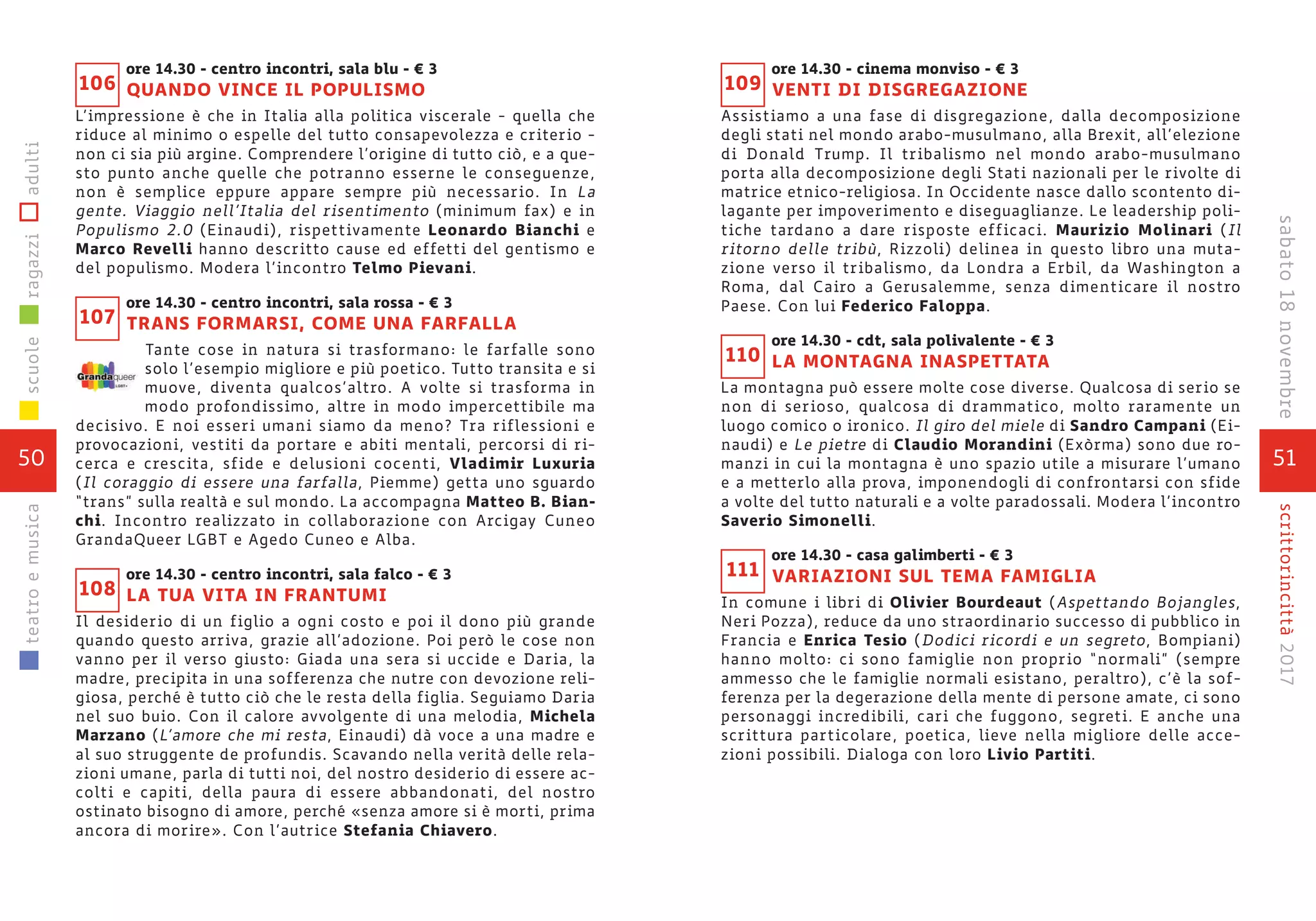 51
scrittorincittà2017sabato18novembre
ore 14.30 - cinema monviso - € 3
VENTI DI DISGREGAZIONE
Assistiamo a una fase di disgregazione, dalla decomposizione
degli stati nel mondo arabo-musulmano, alla Brexit, all’elezione
di Donald Trump. Il tribalismo nel mondo arabo-musulmano
porta alla decomposizione degli Stati nazionali per le rivolte di
matrice etnico-religiosa. In Occidente nasce dallo scontento di-
lagante per impoverimento e diseguaglianze. Le leadership poli-
tiche tardano a dare risposte efficaci. Maurizio Molinari (Il
ritorno delle tribù, Rizzoli) delinea in questo libro una muta-
zione verso il tribalismo, da Londra a Erbil, da Washington a
Roma, dal Cairo a Gerusalemme, senza dimenticare il nostro
Paese. Con lui Federico Faloppa.
ore 14.30 - cdt, sala polivalente - € 3
LA MONTAGNA INASPETTATA
La montagna può essere molte cose diverse. Qualcosa di serio se
non di serioso, qualcosa di drammatico, molto raramente un
luogo comico o ironico. Il giro del miele di Sandro Campani (Ei-
naudi) e Le pietre di Claudio Morandini (Exòrma) sono due ro-
manzi in cui la montagna è uno spazio utile a misurare l’umano
e a metterlo alla prova, imponendogli di confrontarsi con sfide
a volte del tutto naturali e a volte paradossali. Modera l’incontro
Saverio Simonelli.
ore 14.30 - casa galimberti - € 3
VARIAZIONI SUL TEMA FAMIGLIA
In comune i libri di Olivier Bourdeaut (Aspettando Bojangles,
Neri Pozza), reduce da uno straordinario successo di pubblico in
Francia e Enrica Tesio (Dodici ricordi e un segreto, Bompiani)
hanno molto: ci sono famiglie non proprio “normali” (sempre
ammesso che le famiglie normali esistano, peraltro), c’è la sof-
ferenza per la degerazione della mente di persone amate, ci sono
personaggi incredibili, cari che fuggono, segreti. E anche una
scrittura particolare, poetica, lieve nella migliore delle acce-
zioni possibili. Dialoga con loro Livio Partiti.
110
111
109
ore 14.30 - centro incontri, sala blu - € 3
QUANDO VINCE IL POPULISMO
L’impressione è che in Italia alla politica viscerale - quella che
riduce al minimo o espelle del tutto consapevolezza e criterio -
non ci sia più argine. Comprendere l’origine di tutto ciò, e a que-
sto punto anche quelle che potranno esserne le conseguenze,
non è semplice eppure appare sempre più necessario. In La
gente. Viaggio nell’Italia del risentimento (minimum fax) e in
Populismo 2.0 (Einaudi), rispettivamente Leonardo Bianchi e
Marco Revelli hanno descritto cause ed effetti del gentismo e
del populismo. Modera l’incontro Telmo Pievani.
ore 14.30 - centro incontri, sala rossa - € 3
TRANS FORMARSI, COME UNA FARFALLA
Tante cose in natura si trasformano: le farfalle sono
solo l’esempio migliore e più poetico. Tutto transita e si
muove, diventa qualcos’altro. A volte si trasforma in
modo profondissimo, altre in modo impercettibile ma
decisivo. E noi esseri umani siamo da meno? Tra riflessioni e
provocazioni, vestiti da portare e abiti mentali, percorsi di ri-
cerca e crescita, sfide e delusioni cocenti, Vladimir Luxuria
(Il coraggio di essere una farfalla, Piemme) getta uno sguardo
“trans” sulla realtà e sul mondo. La accompagna Matteo B. Bian-
chi. Incontro realizzato in collaborazione con Arcigay Cuneo
GrandaQueer LGBT e Agedo Cuneo e Alba.
ore 14.30 - centro incontri, sala falco - € 3
LA TUA VITA IN FRANTUMI
Il desiderio di un figlio a ogni costo e poi il dono più grande
quando questo arriva, grazie all’adozione. Poi però le cose non
vanno per il verso giusto: Giada una sera si uccide e Daria, la
madre, precipita in una sofferenza che nutre con devozione reli-
giosa, perché è tutto ciò che le resta della figlia. Seguiamo Daria
nel suo buio. Con il calore avvolgente di una melodia, Michela
Marzano (L’amore che mi resta, Einaudi) dà voce a una madre e
al suo struggente de profundis. Scavando nella verità delle rela-
zioni umane, parla di tutti noi, del nostro desiderio di essere ac-
colti e capiti, della paura di essere abbandonati, del nostro
ostinato bisogno di amore, perché «senza amore si è morti, prima
ancora di morire». Con l’autrice Stefania Chiavero.
107
108
106
50
scuoleragazziadultiteatroemusica
 