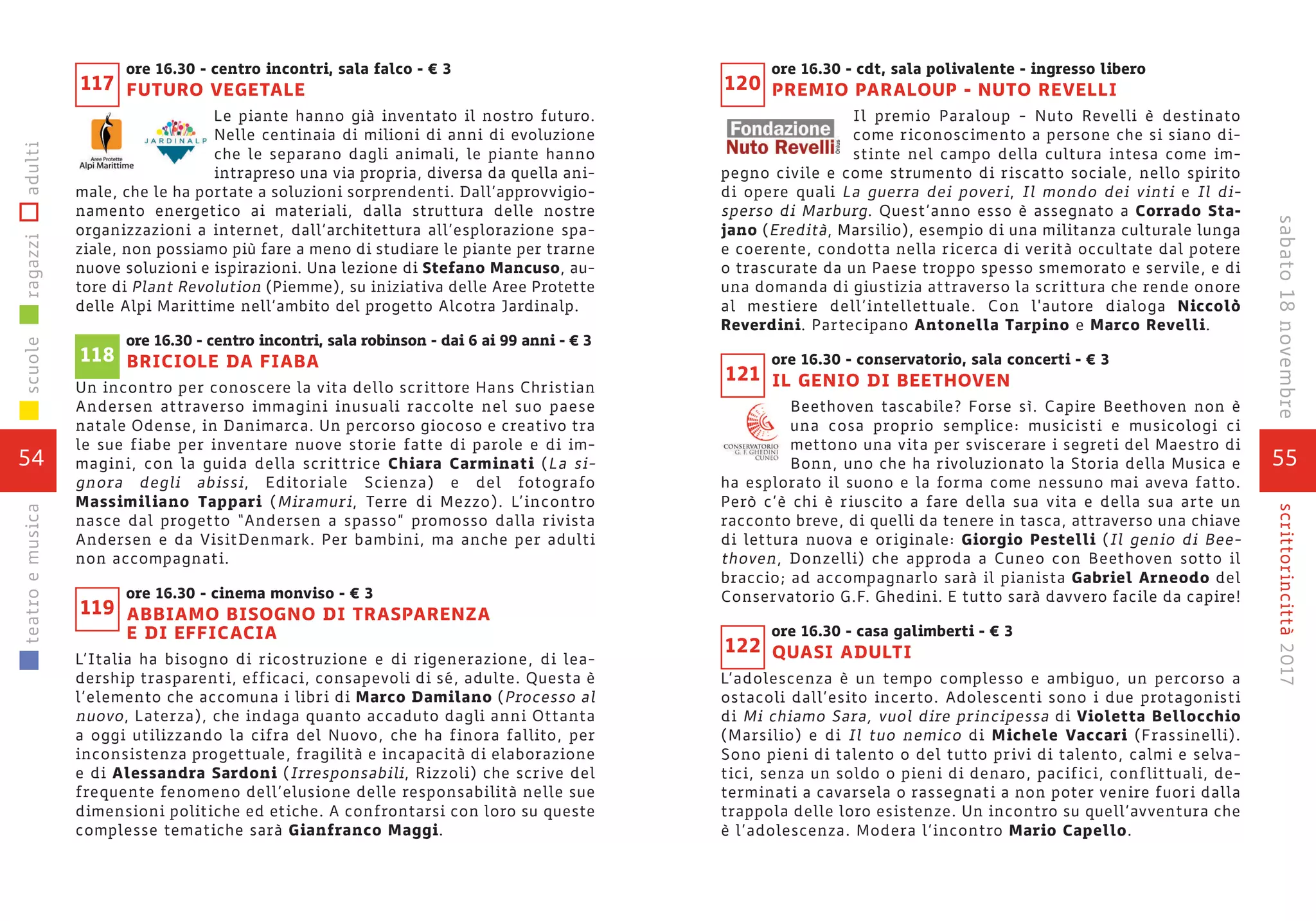 55
scrittorincittà2017sabato18novembre
ore 16.30 - cdt, sala polivalente - ingresso libero
PREMIO PARALOUP - NUTO REVELLI
Il premio Paraloup - Nuto Revelli è destinato
come riconoscimento a persone che si siano di-
stinte nel campo della cultura intesa come im-
pegno civile e come strumento di riscatto sociale, nello spirito
di opere quali La guerra dei poveri, Il mondo dei vinti e Il di-
sperso di Marburg. Quest’anno esso è assegnato a Corrado Sta-
jano (Eredità, Marsilio), esempio di una militanza culturale lunga
e coerente, condotta nella ricerca di verità occultate dal potere
o trascurate da un Paese troppo spesso smemorato e servile, e di
una domanda di giustizia attraverso la scrittura che rende onore
al mestiere dell’intellettuale. Con l'autore dialoga Niccolò
Reverdini. Partecipano Antonella Tarpino e Marco Revelli.
ore 16.30 - conservatorio, sala concerti - € 3
IL GENIO DI BEETHOVEN
Beethoven tascabile? Forse sì. Capire Beethoven non è
una cosa proprio semplice: musicisti e musicologi ci
mettono una vita per sviscerare i segreti del Maestro di
Bonn, uno che ha rivoluzionato la Storia della Musica e
ha esplorato il suono e la forma come nessuno mai aveva fatto.
Però c’è chi è riuscito a fare della sua vita e della sua arte un
racconto breve, di quelli da tenere in tasca, attraverso una chiave
di lettura nuova e originale: Giorgio Pestelli (Il genio di Bee-
thoven, Donzelli) che approda a Cuneo con Beethoven sotto il
braccio; ad accompagnarlo sarà il pianista Gabriel Arneodo del
Conservatorio G.F. Ghedini. E tutto sarà davvero facile da capire!
ore 16.30 - casa galimberti - € 3
QUASI ADULTI
L’adolescenza è un tempo complesso e ambiguo, un percorso a
ostacoli dall’esito incerto. Adolescenti sono i due protagonisti
di Mi chiamo Sara, vuol dire principessa di Violetta Bellocchio
(Marsilio) e di Il tuo nemico di Michele Vaccari (Frassinelli).
Sono pieni di talento o del tutto privi di talento, calmi e selva-
tici, senza un soldo o pieni di denaro, pacifici, conflittuali, de-
terminati a cavarsela o rassegnati a non poter venire fuori dalla
trappola delle loro esistenze. Un incontro su quell’avventura che
è l’adolescenza. Modera l’incontro Mario Capello.
121
122
120
ore 16.30 - centro incontri, sala falco - € 3
FUTURO VEGETALE
Le piante hanno già inventato il nostro futuro.
Nelle centinaia di milioni di anni di evoluzione
che le separano dagli animali, le piante hanno
intrapreso una via propria, diversa da quella ani-
male, che le ha portate a soluzioni sorprendenti. Dall’approvvigio-
namento energetico ai materiali, dalla struttura delle nostre
organizzazioni a internet, dall’architettura all’esplorazione spa-
ziale, non possiamo più fare a meno di studiare le piante per trarne
nuove soluzioni e ispirazioni. Una lezione di Stefano Mancuso, au-
tore di Plant Revolution (Piemme), su iniziativa delle Aree Protette
delle Alpi Marittime nell’ambito del progetto Alcotra Jardinalp.
ore 16.30 - centro incontri, sala robinson - dai 6 ai 99 anni - € 3
BRICIOLE DA FIABA
Un incontro per conoscere la vita dello scrittore Hans Christian
Andersen attraverso immagini inusuali raccolte nel suo paese
natale Odense, in Danimarca. Un percorso giocoso e creativo tra
le sue fiabe per inventare nuove storie fatte di parole e di im-
magini, con la guida della scrittrice Chiara Carminati (La si-
gnora degli abissi, Editoriale Scienza) e del fotografo
Massimiliano Tappari (Miramuri, Terre di Mezzo). L’incontro
nasce dal progetto “Andersen a spasso” promosso dalla rivista
Andersen e da VisitDenmark. Per bambini, ma anche per adulti
non accompagnati.
ore 16.30 - cinema monviso - € 3
ABBIAMO BISOGNO DI TRASPARENZA
E DI EFFICACIA
L’Italia ha bisogno di ricostruzione e di rigenerazione, di lea-
dership trasparenti, efficaci, consapevoli di sé, adulte. Questa è
l’elemento che accomuna i libri di Marco Damilano (Processo al
nuovo, Laterza), che indaga quanto accaduto dagli anni Ottanta
a oggi utilizzando la cifra del Nuovo, che ha finora fallito, per
inconsistenza progettuale, fragilità e incapacità di elaborazione
e di Alessandra Sardoni (Irresponsabili, Rizzoli) che scrive del
frequente fenomeno dell’elusione delle responsabilità nelle sue
dimensioni politiche ed etiche. A confrontarsi con loro su queste
complesse tematiche sarà Gianfranco Maggi.
119
118
117
54
scuoleragazziadultiteatroemusica
 