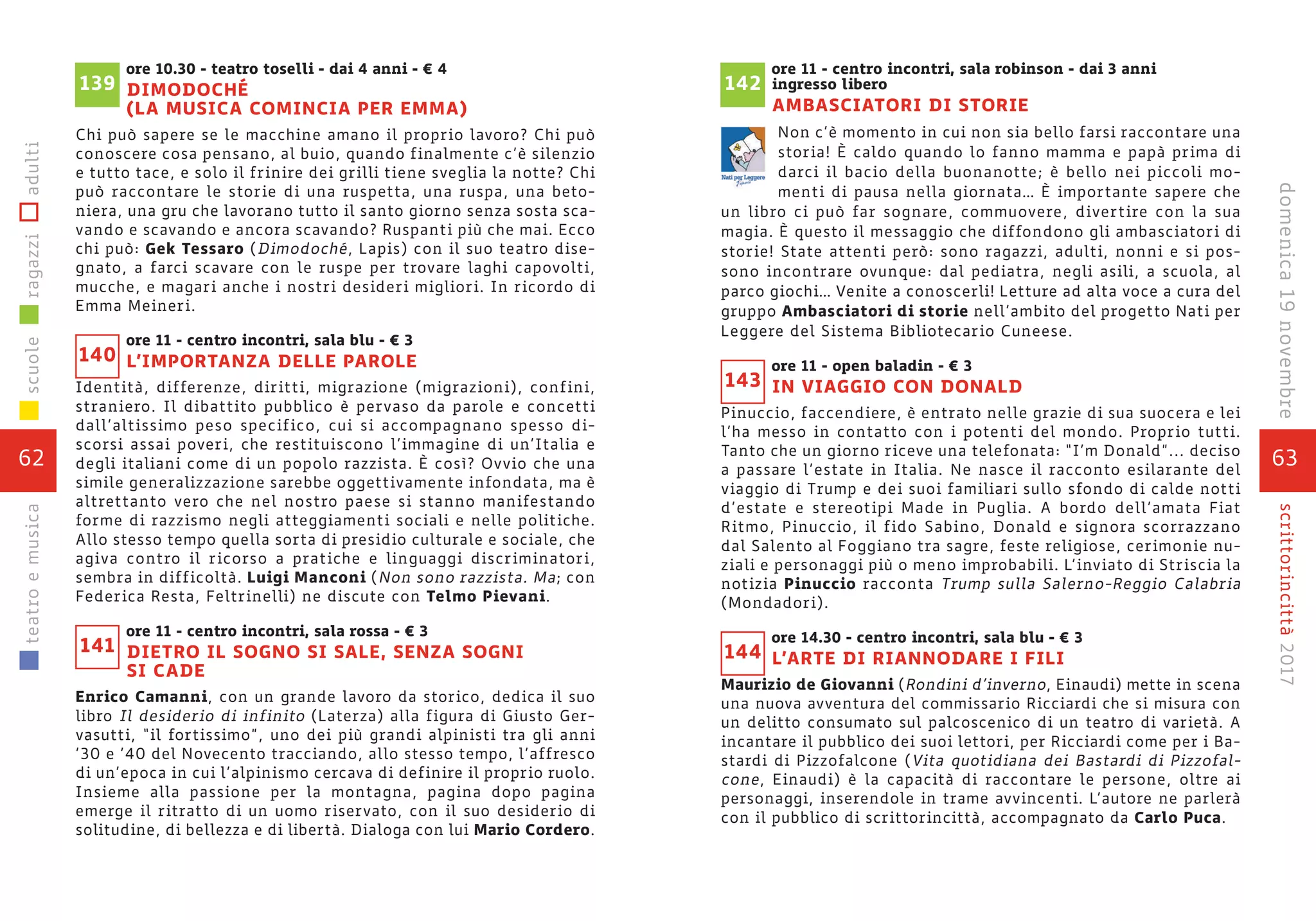 63
scrittorincittà2017
ore 11 - centro incontri, sala robinson - dai 3 anni
ingresso libero
AMBASCIATORI DI STORIE
Non c’è momento in cui non sia bello farsi raccontare una
storia! È caldo quando lo fanno mamma e papà prima di
darci il bacio della buonanotte; è bello nei piccoli mo-
menti di pausa nella giornata… È importante sapere che
un libro ci può far sognare, commuovere, divertire con la sua
magia. È questo il messaggio che diffondono gli ambasciatori di
storie! State attenti però: sono ragazzi, adulti, nonni e si pos-
sono incontrare ovunque: dal pediatra, negli asili, a scuola, al
parco giochi… Venite a conoscerli! Letture ad alta voce a cura del
gruppo Ambasciatori di storie nell’ambito del progetto Nati per
Leggere del Sistema Bibliotecario Cuneese.
ore 11 - open baladin - € 3
IN VIAGGIO CON DONALD
Pinuccio, faccendiere, è entrato nelle grazie di sua suocera e lei
l’ha messo in contatto con i potenti del mondo. Proprio tutti.
Tanto che un giorno riceve una telefonata: “I’m Donald”... deciso
a passare l’estate in Italia. Ne nasce il racconto esilarante del
viaggio di Trump e dei suoi familiari sullo sfondo di calde notti
d’estate e stereotipi Made in Puglia. A bordo dell’amata Fiat
Ritmo, Pinuccio, il fido Sabino, Donald e signora scorrazzano
dal Salento al Foggiano tra sagre, feste religiose, cerimonie nu-
ziali e personaggi più o meno improbabili. L’inviato di Striscia la
notizia Pinuccio racconta Trump sulla Salerno-Reggio Calabria
(Mondadori).
ore 14.30 - centro incontri, sala blu - € 3
L’ARTE DI RIANNODARE I FILI
Maurizio de Giovanni (Rondini d’inverno, Einaudi) mette in scena
una nuova avventura del commissario Ricciardi che si misura con
un delitto consumato sul palcoscenico di un teatro di varietà. A
incantare il pubblico dei suoi lettori, per Ricciardi come per i Ba-
stardi di Pizzofalcone (Vita quotidiana dei Bastardi di Pizzofal-
cone, Einaudi) è la capacità di raccontare le persone, oltre ai
personaggi, inserendole in trame avvincenti. L’autore ne parlerà
con il pubblico di scrittorincittà, accompagnato da Carlo Puca.
143
142
144
domenica19novembre
ore 10.30 - teatro toselli - dai 4 anni - € 4
DIMODOCHÉ
(LA MUSICA COMINCIA PER EMMA)
Chi può sapere se le macchine amano il proprio lavoro? Chi può
conoscere cosa pensano, al buio, quando finalmente c’è silenzio
e tutto tace, e solo il frinire dei grilli tiene sveglia la notte? Chi
può raccontare le storie di una ruspetta, una ruspa, una beto-
niera, una gru che lavorano tutto il santo giorno senza sosta sca-
vando e scavando e ancora scavando? Ruspanti più che mai. Ecco
chi può: Gek Tessaro (Dimodoché, Lapis) con il suo teatro dise-
gnato, a farci scavare con le ruspe per trovare laghi capovolti,
mucche, e magari anche i nostri desideri migliori. In ricordo di
Emma Meineri.
ore 11 - centro incontri, sala blu - € 3
L’IMPORTANZA DELLE PAROLE
Identità, differenze, diritti, migrazione (migrazioni), confini,
straniero. Il dibattito pubblico è pervaso da parole e concetti
dall’altissimo peso specifico, cui si accompagnano spesso di-
scorsi assai poveri, che restituiscono l’immagine di un’Italia e
degli italiani come di un popolo razzista. È così? Ovvio che una
simile generalizzazione sarebbe oggettivamente infondata, ma è
altrettanto vero che nel nostro paese si stanno manifestando
forme di razzismo negli atteggiamenti sociali e nelle politiche.
Allo stesso tempo quella sorta di presidio culturale e sociale, che
agiva contro il ricorso a pratiche e linguaggi discriminatori,
sembra in difficoltà. Luigi Manconi (Non sono razzista. Ma; con
Federica Resta, Feltrinelli) ne discute con Telmo Pievani.
ore 11 - centro incontri, sala rossa - € 3
DIETRO IL SOGNO SI SALE, SENZA SOGNI
SI CADE
Enrico Camanni, con un grande lavoro da storico, dedica il suo
libro Il desiderio di infinito (Laterza) alla figura di Giusto Ger-
vasutti, “il fortissimo”, uno dei più grandi alpinisti tra gli anni
’30 e ’40 del Novecento tracciando, allo stesso tempo, l’affresco
di un’epoca in cui l’alpinismo cercava di definire il proprio ruolo.
Insieme alla passione per la montagna, pagina dopo pagina
emerge il ritratto di un uomo riservato, con il suo desiderio di
solitudine, di bellezza e di libertà. Dialoga con lui Mario Cordero.
140
141
139
62
scuoleragazziadultiteatroemusica
 