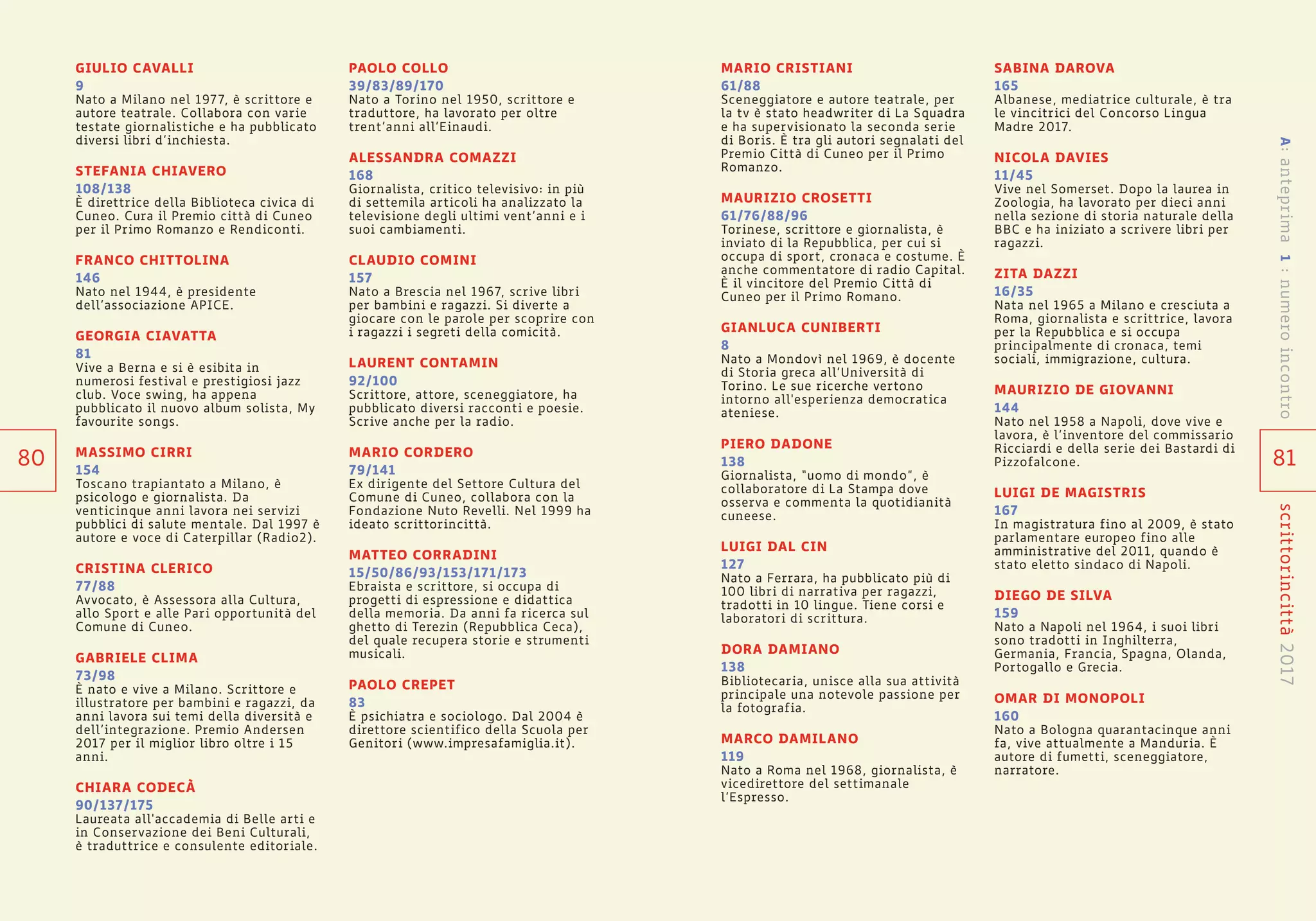 81
scrittorincittà2017
MARIO CRISTIANI
61/88
Sceneggiatore e autore teatrale, per
la tv è stato headwriter di La Squadra
e ha supervisionato la seconda serie
di Boris. È tra gli autori segnalati del
Premio Città di Cuneo per il Primo
Romanzo.
MAURIZIO CROSETTI
61/76/88/96
Torinese, scrittore e giornalista, è
inviato di la Repubblica, per cui si
occupa di sport, cronaca e costume. È
anche commentatore di radio Capital.
È il vincitore del Premio Città di
Cuneo per il Primo Romano.
GIANLUCA CUNIBERTI
8
Nato a Mondovì nel 1969, è docente
di Storia greca all’Università di
Torino. Le sue ricerche vertono
intorno all'esperienza democratica
ateniese.
PIERO DADONE
138
Giornalista, “uomo di mondo”, è
collaboratore di La Stampa dove
osserva e commenta la quotidianità
cuneese.
LUIGI DAL CIN
127
Nato a Ferrara, ha pubblicato più di
100 libri di narrativa per ragazzi,
tradotti in 10 lingue. Tiene corsi e
laboratori di scrittura.
DORA DAMIANO
138
Bibliotecaria, unisce alla sua attività
principale una notevole passione per
la fotografia.
MARCO DAMILANO
119
Nato a Roma nel 1968, giornalista, è
vicedirettore del settimanale
l’Espresso.
SABINA DAROVA
165
Albanese, mediatrice culturale, è tra
le vincitrici del Concorso Lingua
Madre 2017.
NICOLA DAVIES
11/45
Vive nel Somerset. Dopo la laurea in
Zoologia, ha lavorato per dieci anni
nella sezione di storia naturale della
BBC e ha iniziato a scrivere libri per
ragazzi.
ZITA DAZZI
16/35
Nata nel 1965 a Milano e cresciuta a
Roma, giornalista e scrittrice, lavora
per la Repubblica e si occupa
principalmente di cronaca, temi
sociali, immigrazione, cultura.
MAURIZIO DE GIOVANNI
144
Nato nel 1958 a Napoli, dove vive e
lavora, è l’inventore del commissario
Ricciardi e della serie dei Bastardi di
Pizzofalcone.
LUIGI DE MAGISTRIS
167
In magistratura fino al 2009, è stato
parlamentare europeo fino alle
amministrative del 2011, quando è
stato eletto sindaco di Napoli.
DIEGO DE SILVA
159
Nato a Napoli nel 1964, i suoi libri
sono tradotti in Inghilterra,
Germania, Francia, Spagna, Olanda,
Portogallo e Grecia.
OMAR DI MONOPOLI
160
Nato a Bologna quarantacinque anni
fa, vive attualmente a Manduria. È
autore di fumetti, sceneggiatore,
narratore.
GIULIO CAVALLI
9
Nato a Milano nel 1977, è scrittore e
autore teatrale. Collabora con varie
testate giornalistiche e ha pubblicato
diversi libri d’inchiesta.
STEFANIA CHIAVERO
108/138
È direttrice della Biblioteca civica di
Cuneo. Cura il Premio città di Cuneo
per il Primo Romanzo e Rendiconti.
FRANCO CHITTOLINA
146
Nato nel 1944, è presidente
dell’associazione APICE.
GEORGIA CIAVATTA
81
Vive a Berna e si è esibita in
numerosi festival e prestigiosi jazz
club. Voce swing, ha appena
pubblicato il nuovo album solista, My
favourite songs.
MASSIMO CIRRI
154
Toscano trapiantato a Milano, è
psicologo e giornalista. Da
venticinque anni lavora nei servizi
pubblici di salute mentale. Dal 1997 è
autore e voce di Caterpillar (Radio2).
CRISTINA CLERICO
77/88
Avvocato, è Assessora alla Cultura,
allo Sport e alle Pari opportunità del
Comune di Cuneo.
GABRIELE CLIMA
73/98
È nato e vive a Milano. Scrittore e
illustratore per bambini e ragazzi, da
anni lavora sui temi della diversità e
dell’integrazione. Premio Andersen
2017 per il miglior libro oltre i 15
anni.
CHIARA CODECÀ
90/137/175
Laureata all'accademia di Belle arti e
in Conservazione dei Beni Culturali,
è traduttrice e consulente editoriale.
PAOLO COLLO
39/83/89/170
Nato a Torino nel 1950, scrittore e
traduttore, ha lavorato per oltre
trent’anni all’Einaudi.
ALESSANDRA COMAZZI
168
Giornalista, critico televisivo: in più
di settemila articoli ha analizzato la
televisione degli ultimi vent’anni e i
suoi cambiamenti.
CLAUDIO COMINI
157
Nato a Brescia nel 1967, scrive libri
per bambini e ragazzi. Si diverte a
giocare con le parole per scoprire con
i ragazzi i segreti della comicità.
LAURENT CONTAMIN
92/100
Scrittore, attore, sceneggiatore, ha
pubblicato diversi racconti e poesie.
Scrive anche per la radio.
MARIO CORDERO
79/141
Ex dirigente del Settore Cultura del
Comune di Cuneo, collabora con la
Fondazione Nuto Revelli. Nel 1999 ha
ideato scrittorincittà.
MATTEO CORRADINI
15/50/86/93/153/171/173
Ebraista e scrittore, si occupa di
progetti di espressione e didattica
della memoria. Da anni fa ricerca sul
ghetto di Terezin (Repubblica Ceca),
del quale recupera storie e strumenti
musicali.
PAOLO CREPET
83
È psichiatra e sociologo. Dal 2004 è
direttore scientifico della Scuola per
Genitori (www.impresafamiglia.it).
80
A:anteprima1:numeroincontro
 