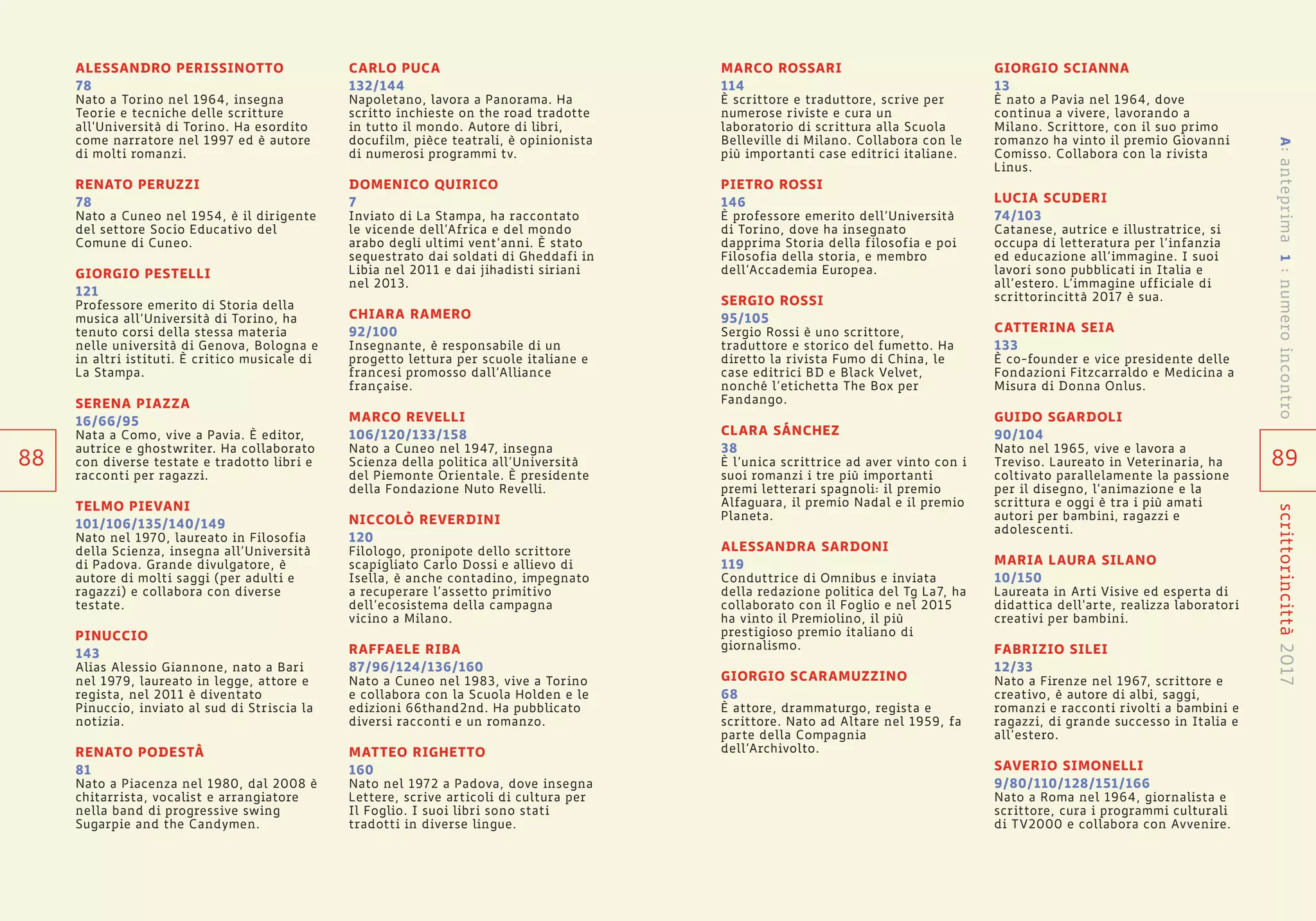 89
scrittorincittà2017
MARCO ROSSARI
114
È scrittore e traduttore, scrive per
numerose riviste e cura un
laboratorio di scrittura alla Scuola
Belleville di Milano. Collabora con le
più importanti case editrici italiane.
PIETRO ROSSI
146
È professore emerito dell’Università
di Torino, dove ha insegnato
dapprima Storia della filosofia e poi
Filosofia della storia, e membro
dell’Accademia Europea.
SERGIO ROSSI
95/105
Sergio Rossi è uno scrittore,
traduttore e storico del fumetto. Ha
diretto la rivista Fumo di China, le
case editrici BD e Black Velvet,
nonché l’etichetta The Box per
Fandango.
CLARA SÁNCHEZ
38
È l’unica scrittrice ad aver vinto con i
suoi romanzi i tre più importanti
premi letterari spagnoli: il premio
Alfaguara, il premio Nadal e il premio
Planeta.
ALESSANDRA SARDONI
119
Conduttrice di Omnibus e inviata
della redazione politica del Tg La7, ha
collaborato con il Foglio e nel 2015
ha vinto il Premiolino, il più
prestigioso premio italiano di
giornalismo.
GIORGIO SCARAMUZZINO
68
È attore, drammaturgo, regista e
scrittore. Nato ad Altare nel 1959, fa
parte della Compagnia
dell’Archivolto.
GIORGIO SCIANNA
13
È nato a Pavia nel 1964, dove
continua a vivere, lavorando a
Milano. Scrittore, con il suo primo
romanzo ha vinto il premio Giovanni
Comisso. Collabora con la rivista
Linus.
LUCIA SCUDERI
74/103
Catanese, autrice e illustratrice, si
occupa di letteratura per l’infanzia
ed educazione all’immagine. I suoi
lavori sono pubblicati in Italia e
all’estero. L’immagine ufficiale di
scrittorincittà 2017 è sua.
CATTERINA SEIA
133
È co-founder e vice presidente delle
Fondazioni Fitzcarraldo e Medicina a
Misura di Donna Onlus.
GUIDO SGARDOLI
90/104
Nato nel 1965, vive e lavora a
Treviso. Laureato in Veterinaria, ha
coltivato parallelamente la passione
per il disegno, l'animazione e la
scrittura e oggi è tra i più amati
autori per bambini, ragazzi e
adolescenti.
MARIA LAURA SILANO
10/150
Laureata in Arti Visive ed esperta di
didattica dell'arte, realizza laboratori
creativi per bambini.
FABRIZIO SILEI
12/33
Nato a Firenze nel 1967, scrittore e
creativo, è autore di albi, saggi,
romanzi e racconti rivolti a bambini e
ragazzi, di grande successo in Italia e
all’estero.
SAVERIO SIMONELLI
9/80/110/128/151/166
Nato a Roma nel 1964, giornalista e
scrittore, cura i programmi culturali
di TV2000 e collabora con Avvenire.
ALESSANDRO PERISSINOTTO
78
Nato a Torino nel 1964, insegna
Teorie e tecniche delle scritture
all'Università di Torino. Ha esordito
come narratore nel 1997 ed è autore
di molti romanzi.
RENATO PERUZZI
78
Nato a Cuneo nel 1954, è il dirigente
del settore Socio Educativo del
Comune di Cuneo.
GIORGIO PESTELLI
121
Professore emerito di Storia della
musica all’Università di Torino, ha
tenuto corsi della stessa materia
nelle università di Genova, Bologna e
in altri istituti. È critico musicale di
La Stampa.
SERENA PIAZZA
16/66/95
Nata a Como, vive a Pavia. È editor,
autrice e ghostwriter. Ha collaborato
con diverse testate e tradotto libri e
racconti per ragazzi.
TELMO PIEVANI
101/106/135/140/149
Nato nel 1970, laureato in Filosofia
della Scienza, insegna all’Università
di Padova. Grande divulgatore, è
autore di molti saggi (per adulti e
ragazzi) e collabora con diverse
testate.
PINUCCIO
143
Alias Alessio Giannone, nato a Bari
nel 1979, laureato in legge, attore e
regista, nel 2011 è diventato
Pinuccio, inviato al sud di Striscia la
notizia.
RENATO PODESTÀ
81
Nato a Piacenza nel 1980, dal 2008 è
chitarrista, vocalist e arrangiatore
nella band di progressive swing
Sugarpie and the Candymen.
CARLO PUCA
132/144
Napoletano, lavora a Panorama. Ha
scritto inchieste on the road tradotte
in tutto il mondo. Autore di libri,
docufilm, pièce teatrali, è opinionista
di numerosi programmi tv.
DOMENICO QUIRICO
7
Inviato di La Stampa, ha raccontato
le vicende dell’Africa e del mondo
arabo degli ultimi vent’anni. È stato
sequestrato dai soldati di Gheddafi in
Libia nel 2011 e dai jihadisti siriani
nel 2013.
CHIARA RAMERO
92/100
Insegnante, è responsabile di un
progetto lettura per scuole italiane e
francesi promosso dall’Alliance
française.
MARCO REVELLI
106/120/133/158
Nato a Cuneo nel 1947, insegna
Scienza della politica all’Università
del Piemonte Orientale. È presidente
della Fondazione Nuto Revelli.
NICCOLÒ REVERDINI
120
Filologo, pronipote dello scrittore
scapigliato Carlo Dossi e allievo di
Isella, è anche contadino, impegnato
a recuperare l’assetto primitivo
dell’ecosistema della campagna
vicino a Milano.
RAFFAELE RIBA
87/96/124/136/160
Nato a Cuneo nel 1983, vive a Torino
e collabora con la Scuola Holden e le
edizioni 66thand2nd. Ha pubblicato
diversi racconti e un romanzo.
MATTEO RIGHETTO
160
Nato nel 1972 a Padova, dove insegna
Lettere, scrive articoli di cultura per
Il Foglio. I suoi libri sono stati
tradotti in diverse lingue.
88
A:anteprima1:numeroincontro
 