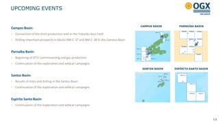 UPCOMING EVENTS


                                                                                     CAMPOS BASIN     PARNAÍBA BASIN
Campos Basin:
•   Connection of the third production well in the Tubarão Azul Field
•   Drilling important prospects in blocks BM-C-37 and BM-C-38 in the Campos Basin


Parnaíba Basin:
•   Beginning of GTU commissioning and gas production
•   Continuation of the exploration and wildcat campaigns
                                                                                     SANTOS BASIN   ESPÍRITO SANTO BASIN

Santos Basin:
•   Results of tests and drilling in the Santos Basin
•   Continuation of the exploration and wildcat campaigns


Espírito Santo Basin:
•   Continuation of the exploration and wildcat campaigns



                                                                                                                           12
 