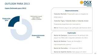 OUTLOOK PARA 2013
  Capex Estimado para 2013
                                                                    Desenvolvimento
         Abertura Capex 2013
                                                   Tubarão Martelo: Preparação para a chegada do
                             Estimativa anual
                                para 2013:          FPSO OSX-3
Exploração                    ~US$1,3 bilhão
   25%                                             Tubarão Tigre, Tubarão Gato e Tubarão Areia:

                                                    Finalizando engenharia de reservatório

                                                   BS-4: Primeiro poço a ser perfurado até final de 2013


                                                                       Exploração
                              Desenvolvimento      Bacia de Campos: Compromisso de perfurar três
                                   75%              poços nos PADs até o segundo semestre de 2013

                                                   Bacia de Santos: Testes de formação e

                                                    reprocessamento sísmico

                                                   Bacia do Parnaíba: ~10 poços em 2013

                                                   Bacia do Espírito Santo: Dois poços em 2013
                                                                                                            13
 