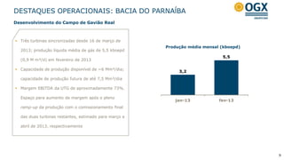 DESTAQUES OPERACIONAIS: BACIA DO PARNAĺBA
Desenvolvimento do Campo de Gavião Real



 Três turbinas sincronizadas desde 16 de março de
                                                       Produção média mensal (kboepd)
  2013; produção líquida média de gás de 5,5 kboepd
                                                                              5,5
  (0,9 M m³/d) em fevereiro de 2013

 Capacidade de produção disponível de ~6 Mm³/dia;
                                                            3,2
  capacidade de produção futura de até 7,5 Mm³/dia

 Margem EBITDA da UTG de aproximadamente 73%.

  Espaço para aumento de margem após o pleno
                                                          jan-13            fev-13
  ramp-up da produção com o comissionamento final

  das duas turbinas restantes, estimado para março e

  abril de 2013, respectivamente




                                                                                        9
 