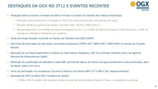 DESTAQUES DA OGX NO 3T12 E EVENTOS RECENTES

•   Produção total no terceiro trimestre de 856,8 mil boe no Campo de Tubarão Azul (Bacia de Campos)

       Produção diária média de 9,3 kboepd no 3T12 (em julho produzindo com apenas um poço)

       Elevada eficiência operacional desde o primeiro óleo: 98,5% (FPSO OSX-1)

       Aproximadamente 2,4 milhões de barris entregues no ano (1,6 milhão de barris entregues à Shell até julho, e 800 mil
         entregues à Reliance Industries em outubro)

•   Teste de Longa Duração concluído no Campo de Tubarão Azul (OGX-26HP)

•   Fase final de perfuração de três poços horizontais produtores (TBMT-2HP, TBMT-4HP e TBMT-6HP) no Campo de Tubarão
    Martelo

•   Aquisição de um bloco exploratório na Bacia do Vale Inferior Madalena, VIM-19 na Ronda Colômbia 2012, da Agencia
    Nacional de Hidrocarburos (ANH)

•   Obtenção da qualificação de Operador A pela ANP, permitindo operar em blocos de águas profundas e ultra-profundas, além
    de águas rasas e em terra

•   Início de perfuração nos prospectos Cozumel e Viedma (nos blocos BM-C-37 e BM-C-38, respectivamente)

•   Aquisição de 40% do Bloco BS-4 na Bacia de Santos
         O Bloco BS-4 contém dois campos de óleo do pós-sal denominados Atlanta e Oliva, e prospectos no pré-sal

                                                                                                                              6
 