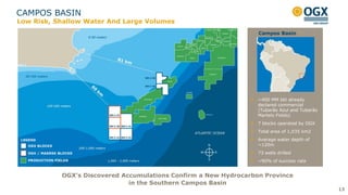CAMPOS BASIN
OGX’s Discovered Accumulations Confirm a New Hydrocarbon Province
in the Southern Campos Basin
~400 MM bbl already
declared commercial
(Tubarão Azul and Tubarão
Martelo Fields)
7 blocks operated by OGX
Total area of 1,035 km2
Average water depth of
~120m
73 wells drilled
~90% of success rate
Campos Basin
13
Low Risk, Shallow Water And Large Volumes
 
