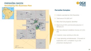 Legend:
Seismic Lines
PARNAÍBA BASIN
28
8 blocks operated by OGX Maranhão
Total area of 24,500 km²
More than 20 prospects identified
Beginning of GTU commercial production in
January/13
MPX has obtained installation license of 3,722
MW
3 seismic crews working on the site
3 rigs operating simultaneously: 2 focused on
exploration and 1 completion rig on the
production development
Parnaíba Complex
Developing the Business Plan
Legend:
Seismic Lines
 