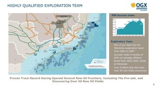 HIGHLY QUALIFIED EXPLORATION TEAM
Exploratory Team
Part of our team led the
Petrobras exploration team
from 2002 to 2007
Success index in excess of
60% on average offshore
Brazil from 2002-2007 whilst
at Petrobras
Over 9 billion boe and more
than 50 new fields discovered
PBR Success Index
Proven Track Record Having Opened Several New Oil Frontiers, Including The Pre-salt, and
Discovering Over 50 New Oil Fields
8
 