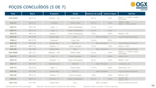 POÇOS CONCLUÍDOS (5 DE 7)
¹ OGX Maranhão tem 70% de participação ²OGX detém 70% da concessão e a Maersk Oil os 30% restantes ³OGX detém 50% da concessão e a Perenco é operadora 45
Poço Bloco Prospecto Sonda Distância da costa Lâmina d’água Net Pay
OGX-60HP BM-C-41 Waimea – 2D ENSCO 5004 84 km 132m
Albiano: > 1.000m (seção
horizontal)
OGX-63 BM-S-57 Fortaleza Ocean Quest 102 km 155m
Albiano: 110m
Aptiano: 150m (coluna)
OGX-67 BM-C-40 Ingá – 2 Ocean Ambassador 93 km 111m -
OGX-71 BM-C-40 Ingá - 3 Ocean Ambassador 93 km 112m -
OGX-73 BM-C-41 Osorno – 1 Ocean Ambassador 78 km 130m Albiano: 37m
GVR-4D PN-T-681
Gavião Real QG-1 Bloco Terrestre Poço de desenvolvimento
PERN-2 BM-ES-38³ Guarapari Ocean Star 110 km 823m -
GVR-5D PN-T-681
Gavião Real BCH-05 Bloco Terrestre Poço de desenvolvimento
OGX-72 BM-C-41 Pipeline – 7 Ocean Lexington 78 km 130m Albiano: 129m
GVR-6D PN-T-68¹ Gavião Real QG-1 Bloco Terrestre Poço de desenvolvimento
OGX-68HP BM-C-41 Waimea – 4HP ENSCO 5004 83 km 135m
Albiano: > 1.000m (seção
horizontal)
OGX-76 BM-C-40 Peró - 1 Ocean Lexington 96 km 103m Albiano: 6m
OGX-75 BM-C-41 Tambora – 3 Ocean Ambassador 86 km 130m Albiano: 49m
OGX-77 PN-T-85¹ Fazenda Axixá BCH-05 Bloco Terrestre Devoniano: 2m
OGX-74 BM-S-59 Natal – 1 Ocean Quest 115 km 196m Santoniano: 6m
GVR-8D PN-T-68¹ Gavião Real BCH-12 Bloco Terrestre Poço de desenvolvimento
OGX-80 BM-C-41 Pipeline – 6 Ocean Lexington 76Km 128m Albiano: 51m
OGX-81 BM-C-41 Tambora – 2 Ocean Ambassador 87 km 139m
Eoceno: 6m
Albiano: 62m
GVR-7DA PN-T-68¹ Gavião Real QG-1 Bloco Terrestre Poço de desenvolvimento
 