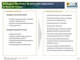 Equipamentos de Perfuração ContratadosPerfuraçãoTerrestrePerfuraçãoMarítimaOceanLexington:Taxa diária e: US$  335kMax. profundidade: 20.000 ftPeríodo contrato: Fev.2013    (+ 1 anoopcional)OceanAmbassador:  Taxa diária: US$ 260k Max. profundidade: 20.000 ftPeríodo contrato: Set.2012    (+ 1 anoopcional)OceanQuest:Taxa diária : US$ 270kMax. profundidade: 25.000 ftPeríodo contrato: Dez.2012  (+ 1 anoopcional)Ocean Star:Taxa diária : US$ 310kMax. profundidade:25.000 ftPeríodo contrato: Fev.2013 (+ 1 anoopcional)QG-1:Taxa diária : US$ 28kMax. profundidade : 14.750 ftPeríodo contrato :  Jan. 2012BCH-05E (BCH):Taxa diária : US$ 32kMax. profundidade : 11.500 ftPeríodo contrato :  Fev. 2012Sea Explorer:Taxa diária : US$ 265kMax. profundidade: 20.000 ftPeríodo contrato: Nov.2011 (+2 anosopcionais)Pride Venezuela:Taxa diária : US$ 265kMax. profundidade:20.000 ftPeríodo contrato: Nov.2011OceanScepter:Taxa diária : US$ 135kMax. profundidade:30.000 ftPeríodo contrato : Dez.2011 (+2 anosopcionais)3ª sonda sendo contratadaEXPANSÃO DA CAMPANHA DE PERFURAÇÃO – OITO SONDAS OPERANDO SIMULTANEAMENTE21