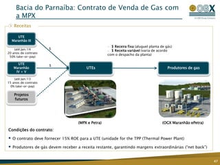 UTEs
UTE
Maranhão III
Bacia do Parnaíba: Contrato de Venda de Gas com
a MPX
47
Receitas
Condições do contrato:
 O contrato deve fornecer 15% ROE para a UTE (unidade for the TPP (Thermal Power Plant)
 Produtores de gás devem receber a receita restante, garantindo margens extraordinárias (“net back”)
— $ Receira fixa (aluguel planta de gás)
— $ Receita variável (varia de acordo
com o despacho da planta)
(OGX Maranhão ePetra)
$
$
$
(até Jan/14
20 anos de contrato
50% take-or-pay)
(até Jan/13
15 anos de contrato
0% take-or-pay)
(MPX e Petra)
UTE
Maranhão
IV + V
Projetos
futuros
Produtores de gas
 