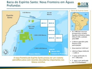 Bacia do Espírito Santo: Nova Fronteira em Águas
Profundas
                                                                                 Bacia do Espírito Santo
                  0-50 Metros                         50-100
                                                      Metros
Espírito
 Santo



                         200-1.000
                          Metros

                                                                                 817 MM boe recursos
                                                                                  prospectivos riscados
                                1.000-2.000 Metros                                líquidos estimativa média
                                                                                  (PoS of 33%), avaliado
                                                                                  pela D&M

                                                                                 5 blocos operados pela
                                                                                  Perenco (50%
                                                                                  participação)

                                 2.000-3.000 Metros                              Area total de 3.620 km²
                                                        Legenda
                                                           Blocos OGX            Lâmina d’água média de
                                                                                  ~1,000 m
                          Oceano Atlântico                 Campos em Produção
                                                                                 1º poço perfurado no
        A nova fronteira do Espírito Santo provou ter um sistema                  4T11 (Moriche)
       petrolífero ativo com recentes descobertas importantes nos                2 poço a ser perfurado
                              blocos vizinhos                                     no 1T12 (Guarapari)


                                                                                                            17
 