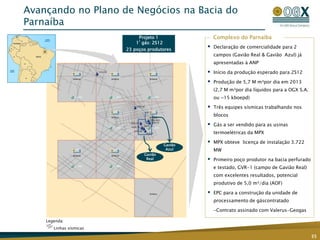 Gavião
Real
Gavião
Azul
Avançando no Plano de Negócios na Bacia do
Parnaíba
35
 Declaração de comercialidade para 2
campos (Gavião Real & Gavião Azul) já
apresentadas à ANP
 Início da produção esperado para 2S12
 Produção de 5,7 M m³por dia em 2013
(2,7 M m³por dia líquidos para a OGX S.A.
ou ~15 kboepd)
 Três equipes sísmicas trabalhando nos
blocos
 Gás a ser vendido para as usinas
termoelétricas da MPX
 MPX obteve licença de instalação 3.722
MW
 Primeiro poço produtor na bacia perfurado
e testado, GVR-1 (campo de Gavião Real)
com excelentes resultados, potencial
produtivo de 5,0 m³/dia (AOF)
 EPC para a construção da unidade de
processamento de gáscontratado
-Contrato assinado com Valerus-Geogas
Complexo do Parnaíba
Legenda:
Linhas sísmicas
Projeto 1
1º gás: 2S12
23 poços produtores
 