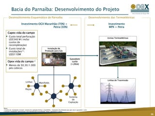Poços
Bacia do Parnaíba: Desenvolvimento do Projeto
36
Investimento
MPX + Petra
Investimento OGX Maranhão (70%) +
Petra (30%)
Manifolds
Gasoduto
curto
(<2Km)
Usinas Termoelétricas
Linhas de Trasmissão
Instalação de
Produção para Gás
seco
Sistema
de
Captação
Linhas
Desenvolvimento das Termoelétricas
Capex vida do campo
 Custo total perfuração:
US$340 M ( inclui
custos de
recompletação)
 Custo total de
instalações(1):
US$110M
Opex vida do campo ²
 Menos de $0,30/1.000
pés cúbicos
Desenvolvimento Esquemático de Parnaíba
Notas:
1 Custos de instalações incluem: sistema de captação (linhas e manifolds), instalação de produção para gás seco e gasoduto curto
2 Incluem instalações operacionais e de manutenção da produção, linhas, gasodutos e poços
 