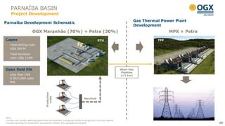 PARNAÍBA BASIN
      Project Development
                                                                                                                                          Gas Thermal Power Plant
Parnaíba Development Schematic
                                                                                                                                          Development
                               OGX Maranhão (70%) + Petra (30%)                                                                                                     MPX + Petra

Capex                                                                                                       GTU                                               TPP
     Total drilling cost:
     US$ 340 M
     Total facilities1
     cost: US$ 110M



Opex field life                                                         CAMPO DE GAVIÃO AZUL                                      Short Gas
                                                                                                                                   Pipeline
     Less than US$                                                                                                                 (<2 km)
     0.30/1,000 cubic
     feet
                                                    Poços de produção




                                                                                                                                                                                       SITE DA MPX
                                               Production




                                                                                           Manifold de
                                                                                                                                                                        Site UTG OGX                 S
                                                  wells




                                                                                            Manifold
                                                                                           produção

                                                                                                                                                                         Planta de
                                                                                                                                                                        Tratamento
Notes:
1 Facilities cost includes: gathering system (lines and manifolds), a production facility for dry gas and a very short pipeline               Gasoduto
2 Includes operating and maintenance of production facilities, lines, gas pipelines and wells
                                                                                                                                          2 x 12" - 11,7 km                                     30
                                                                                                                                                                                                30
 