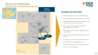 BACIA DO PARNAÍBA
Avançando no Plano de Negócios
                                       Projeto 1
                                      1o gás: 2S12
                                                     Complexo do Parnaíba

                                                       Mais de 20 prospectos identificados

                                                       Início da produção esperado para 2S12

                                                       Capacidade de produção disponível de
                                                       ~6,0 M m³ por dia em 2013

                                                       Gás a ser vendido para as usinas
                                                       termoelétricas da MPX

                                                       MPX obtém licença de instalação para
                                                       3.722 MW

                                           Gavião
                                                       Três equipes sísmicas trabalhando nos
                                            Azul       blocos
                                 Gavião
                                  Real
                                                       5 sondas operando simultaneamente:
                                                       2 focadas na exploração e 3 no
                                                       desenvolvimento da produção (sendo
                                                       uma de completação)

         Legenda:
            Linhas sísmicas

                                                                                               29
 