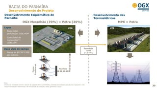 BACIA DO PARNAÍBA
       Desenvolvimento do Projeto
 Desenvolvimento Esquemático de                                                                                                          Desenvolvimento das
 Parnaíba                                                                                                                                Termoelétricas
                             OGX Maranhão (70%) + Petra (30%)                                                                                                  MPX + Petra
Capex                                                                                                UTG                                                 UTE
     Custo total
     perfuração: US$340M
     Custo total de
     instalações(1):
     US$110M


Opex vida do Campo                                                   CAMPO DE GAVIÃO AZUL                                     Gasoduto
                                                                                                                                curto
    Menos de $0,30/1.000                                                                                                      (<2 km)
    pés cúbicos
                                                 Poços de produção




                                                                                                                                                                                  SITE DA MPX
                                            Produtores




                                                                                      Manifold de
                                              Poços




                                                                                       Manifold                                                                    Site UTG OGX                 S
                                                                                      produção

                                                                                                                                                                    Planta de
                                                                                                                                                                   Tratamento

Notas:
1 Custos de instalações incluem: sistema de captação (linhas e manifolds), instalação de produção para gás seco e gasoduto curto          Gasoduto
2 Incluem instalações operacionais e de manutenção da produção, linhas, gasodutos e poços                                            2 x 12" - 11,7 km                                    30
                                                                                                                                                                                           30
 