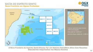 BACIA DO ESPÍRITO SANTO
Nova Fronteira em Águas Profundas

                    0-50 Metros                                     50-100 Metros                 Bacia do Espírito Santo

    Espírito
     Santo




                           200-1.000 Metros




                                                                                                  5 blocos operados pela Perenco
                                              1.000-2.000 Metros
                                                                                                  (50% participação)
                                                                                                  Área total de 3.620 km²
                                                                                                  Lâmina d’água média de ~1.000 m



                                               2.000-3.000 Metros
                                                                       Legenda
                                                                           Blocos OGX
                                  Oceano Atlântico                           Campos em Produção


   A Nova Fronteira do Espírito Santo Provou Ter um Sistema Petrolífero Ativo Com Recentes
                        Descobertas Importantes nos Blocos Vizinhos
                                                                                                                                    32
 