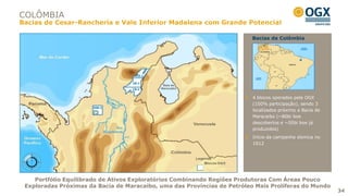 COLÔMBIA
Bacias de Cesar-Ranchería e Vale Inferior Madalena com Grande Potencial

                                                                         Bacias da Colômbia




                                                                          4 blocos operados pela OGX
                                                                          (100% participação), sendo 3
                                                                          localizados próximo a Bacia de
                                                                          Maracaibo (~80bi boe
                                                                          descobertos e ~50bi boe já
                                                                          produzidos)
                                                                          Início da campanha sísmica no
                                                                          1S12




    Portfólio Equilibrado de Ativos Exploratórios Combinando Regiões Produtoras Com Áreas Pouco
 Exploradas Próximas da Bacia de Maracaibo, uma das Províncias de Petróleo Mais Prolíferas do Mundo
                                                                                                           34
 