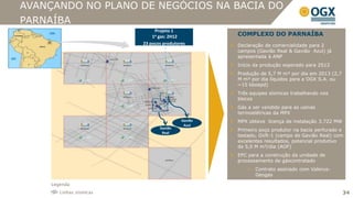 AVANÇANDO NO PLANO DE NEGÓCIOS NA BACIA DO
PARNAÍBA
                               Projeto 1
                              1o gas: 2H12          COMPLEXO DO PARNAÍBA
                          23 poços produtores       Declaração de comercialidade para 2
                                                    campos (Gavião Real & Gavião Azul) já
                                                    apresentada à ANP
                                                    Início da produção esperado para 2S12
                                                    Produção de 5,7 M m³ por dia em 2013 (2,7
                                                    M m³ por dia líquidos para a OGX S.A. ou
                                                    ~15 kboepd)
                                                    Três equipes sísmicas trabalhando nos
                                                    blocos
                                                    Gás a ser vendido para as usinas
                                                    termoelétricas da MPX
                                           Gavião   MPX obteve licença de instalação 3.722 MW
                                            Azul
                                 Gavião
                                                    Primeiro poço produtor na bacia perfurado e
                                  Real
                                                    testado, GVR-1 (campo de Gavião Real) com
                                                    excelentes resultados, potencial produtivo
                                                    de 5,0 M m³/dia (AOF)
                                                    EPC para a construção da unidade de
                                                    processamento de gáscontratado
                                                           Contrato assinado com Valerus-
                                                            Geogas

     Legenda:
        Linhas sísmicas                                                                         34
 