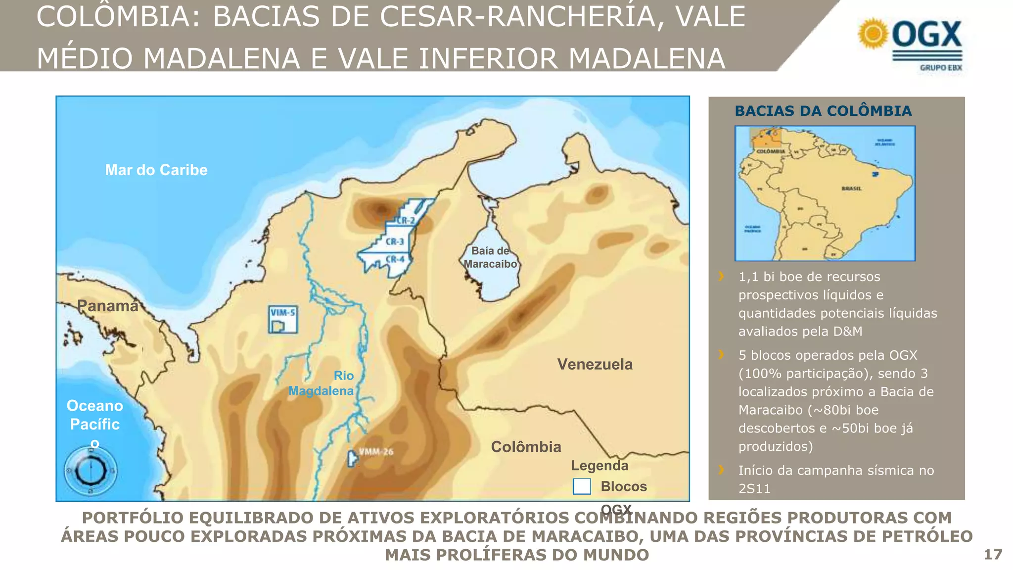 COLÔMBIA: BACIAS DE CESAR-RANCHERÍA, VALE
MÉDIO MADALENA E VALE INFERIOR MADALENA
                                                                  BACIAS DA COLÔMBIA



     Mar do Caribe




                                       Baía de
                                      Maracaibo
                                                                  1,1 bi boe de recursos
                                                                  prospectivos líquidos e
  Panamá                                                          quantidades potenciais líquidas
                                                                  avaliados pela D&M
                                                                  5 blocos operados pela OGX
                                                  Venezuela
                            Rio                                   (100% participação), sendo 3
                      Magdalena                                   localizados próximo a Bacia de
 Oceano                                                           Maracaibo (~80bi boe
 Pacífic                                                          descobertos e ~50bi boe já
   o                                      Colômbia                produzidos)
                                                     Legenda      Início da campanha sísmica no
                                                         Blocos   2S11
                                                        OGX
   PORTFÓLIO EQUILIBRADO DE ATIVOS EXPLORATÓRIOS COMBINANDO REGIÕES PRODUTORAS COM
 ÁREAS POUCO EXPLORADAS PRÓXIMAS DA BACIA DE MARACAIBO, UMA DAS PROVÍNCIAS DE PETRÓLEO
                                MAIS PROLÍFERAS DO MUNDO                               17
 