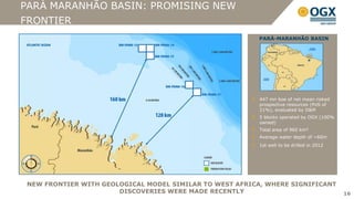 PARÁ MARANHÃO BASIN: PROMISING NEW
FRONTIER
                                                          PARÁ-MARANHÃO BASIN




                                                          447 mn boe of net mean risked
                                                          prospective resources (PoS of
                                                          21%), evaluated by D&M
                                                          5 blocks operated by OGX (100%
                                                          owned)
                                                          Total area of 960 km²
                                                          Average water depth of ~60m
                                                          1st well to be drilled in 2012




 NEW FRONTIER WITH GEOLOGICAL MODEL SIMILAR TO WEST AFRICA, WHERE SIGNIFICANT
                       DISCOVERIES WERE MADE RECENTLY                                      16
 