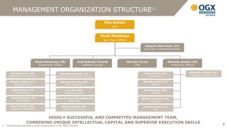 MANAGEMENT ORGANIZATION STRUCTURE(1)
                                                                                  Eike Batista
                                                                                        CEO


                                                                                 Paulo Mendonça
                                                                                  Gen. Exec. Officer

                                                                                                                  Joaquim Dib Cohen (32)
                                                                                                                  Oil & Gas Commercialization




                                 Paulo Mendonça (38)             José Roberto Faveret                  Marcelo Torres                    Reinaldo Belotti (34)
                                   Exploration Officer              General Counsel                         CFO                            Production Officer


                                                                                                                  Olavo Foerch (32)                     Armando Ferreira (31)
         Paulo Ricardo (28)                      Edmundo Marques (24)
                                                                                                                     Procurement                        Production Development
       Exploration Campos & ES                 Exploration Santos & Eq. Margin

        Roberto Toledo (31)                       Dolores Carvalho (35)                                           Ricardo Juiniti (27)
           E&P Laboratory                             E&P Laboratory                                                    Drilling

         Celso Martins (34)                           Luiz Reis (45)                                              Billy Pinheiro (30)
            Onshore Basin                            Strategic Alliances                                                Logistics

         Ernani Porsche (33)                   Paulo de Tarso Guimarães(34)                                     Ricardo Abiramia (24)
             International                               New Areas                                                    Production

         Moacir Santos (38)                        Marcos Amaral (28)                                             Leandro Leme (31)
         Geological Operations                      Applied Technology                                                   HSE


                              HIGHLY SUCCESSFUL AND COMMITTED MANAGEMENT TEAM,
                      COMBINING UNIQUE INTELLECTUAL CAPITAL AND SUPERIOR EXECUTION SKILLS
(1)   Parentheses represent years experience in the E&P industry                                                                                                                 7
 
