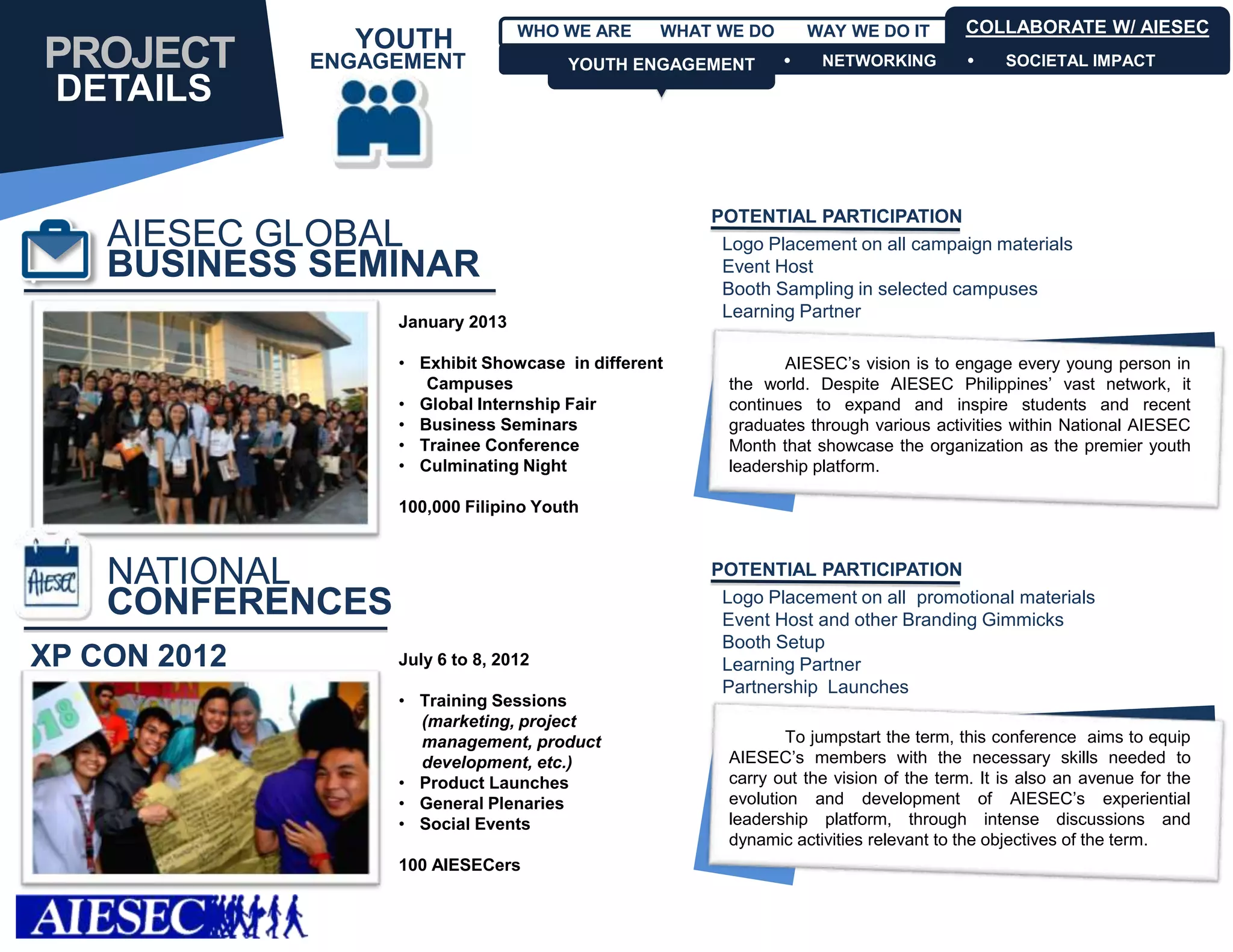 WHO WE ARE     WHAT WE DO       WAY WE DO IT        COLLABORATE W/ AIESEC
                YOUTH
PROJECT       ENGAGEMENT               YOUTH ENGAGEMENT
                                       YOUTH ENGAGEMENT           NETWORKING              SOCIETAL IMPACT

 DETAILS


                                                     POTENTIAL PARTICIPATION
    AIESEC GLOBAL                                     Logo Placement on all campaign materials
    BUSINESS SEMINAR                                  Event Host
                                                      Booth Sampling in selected campuses
                                                      Learning Partner
                   January 2013

                   • Exhibit Showcase in different            AIESEC’s vision is to engage every young person in
                      Campuses                         the world. Despite AIESEC Philippines’ vast network, it
                   • Global Internship Fair            continues to expand and inspire students and recent
                   • Business Seminars                 graduates through various activities within National AIESEC
                   • Trainee Conference                Month that showcase the organization as the premier youth
                   • Culminating Night                 leadership platform.

                   100,000 Filipino Youth



    NATIONAL                                         POTENTIAL PARTICIPATION

    CONFERENCES                                       Logo Placement on all promotional materials
                                                      Event Host and other Branding Gimmicks
                                                      Booth Setup
XP CON 2012        July 6 to 8, 2012                  Learning Partner
                                                      Partnership Launches
                   • Training Sessions
                     (marketing, project
                     management, product                       To jumpstart the term, this conference aims to equip
                     development, etc.)                AIESEC’s members with the necessary skills needed to
                   • Product Launches                  carry out the vision of the term. It is also an avenue for the
                   • General Plenaries                 evolution and development of AIESEC’s experiential
                   • Social Events                     leadership platform, through intense discussions and
                                                       dynamic activities relevant to the objectives of the term.
                   100 AIESECers
 