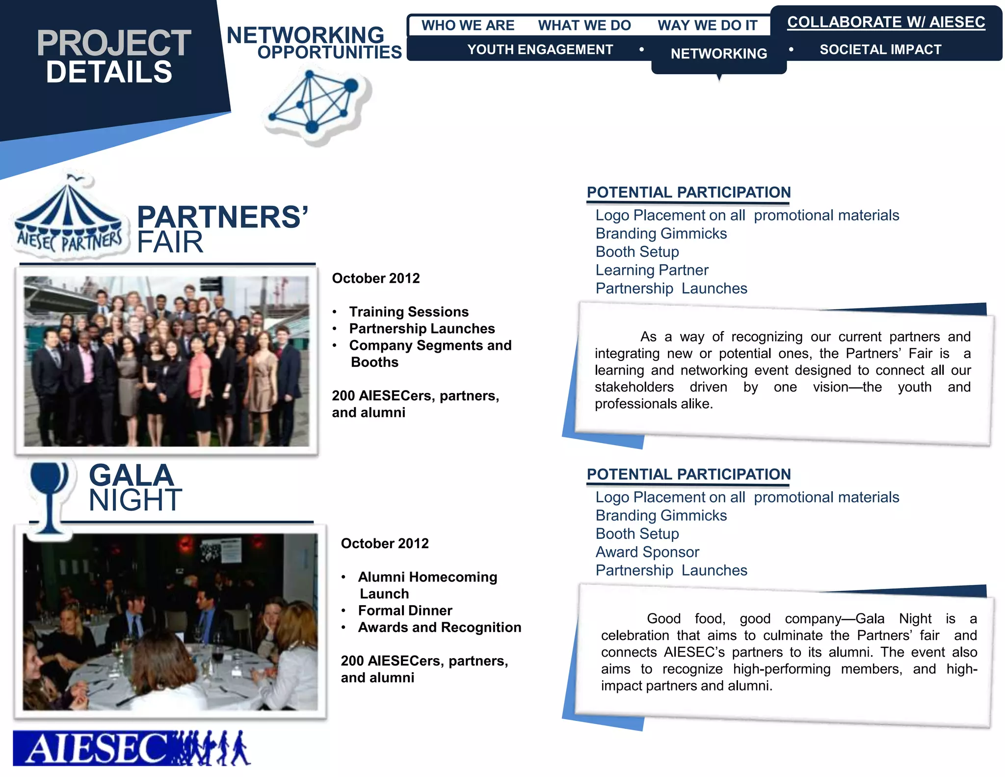 WHO WE ARE   WHAT WE DO       WAY WE DO IT      COLLABORATE W/ AIESEC
          NETWORKING
PROJECT    OPPORTUNITIES            YOUTH ENGAGEMENT          NETWORKING
                                                               NETWORKING           SOCIETAL IMPACT

DETAILS


                                                  POTENTIAL PARTICIPATION
    PARTNERS’                                      Logo Placement on all promotional materials
                                                   Branding Gimmicks
    FAIR                                           Booth Setup
                                                   Learning Partner
                 October 2012
                                                   Partnership Launches
                 • Training Sessions
                 • Partnership Launches
                                                           As a way of recognizing our current partners and
                 • Company Segments and
                                                   integrating new or potential ones, the Partners’ Fair is a
                   Booths
                                                   learning and networking event designed to connect all our
                                                   stakeholders driven by one vision—the youth and
                 200 AIESECers, partners,
                                                   professionals alike.
                 and alumni



  GALA                                            POTENTIAL PARTICIPATION

  NIGHT                                            Logo Placement on all promotional materials
                                                   Branding Gimmicks
                                                   Booth Setup
                  October 2012
                                                   Award Sponsor
                  • Alumni Homecoming              Partnership Launches
                    Launch
                  • Formal Dinner
                                                           Good food, good company—Gala Night is a
                  • Awards and Recognition
                                                    celebration that aims to culminate the Partners’ fair and
                                                    connects AIESEC’s partners to its alumni. The event also
                  200 AIESECers, partners,
                                                    aims to recognize high-performing members, and high-
                  and alumni
                                                    impact partners and alumni.
 