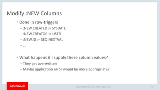 Copyright © 2019, Oracle and/or its affiliates. All rights reserved. |
Modify :NEW Columns
• Done in row-triggers
– :NEW.CREATED := SYSDATE
– :NEW.CREATOR := USER
– :NEW.ID := SEQ.NEXTVAL
– …
• What happens if I supply these column values?
– They get overwritten
– Maybe application error would be more appropriate?
12
 
