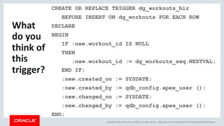 Copyright © 2019, Oracle and/or its affiliates. All rights reserved. |
CREATE OR REPLACE TRIGGER dg_workouts_bir
BEFORE INSERT ON dg_workouts FOR EACH ROW
DECLARE
BEGIN
IF :new.workout_id IS NULL
THEN
:new.workout_id := dg_workouts_seq.NEXTVAL;
END IF;
:new.created_on := SYSDATE;
:new.created_by := qdb_config.apex_user ();
:new.changed_on := SYSDATE;
:new.changed_by := qdb_config.apex_user ();
END;
blogs.oracle.com/sql www.youtube.com/c/TheMagicOfSQL @ChrisRSaxon
What
do you
think of
this
trigger?
 